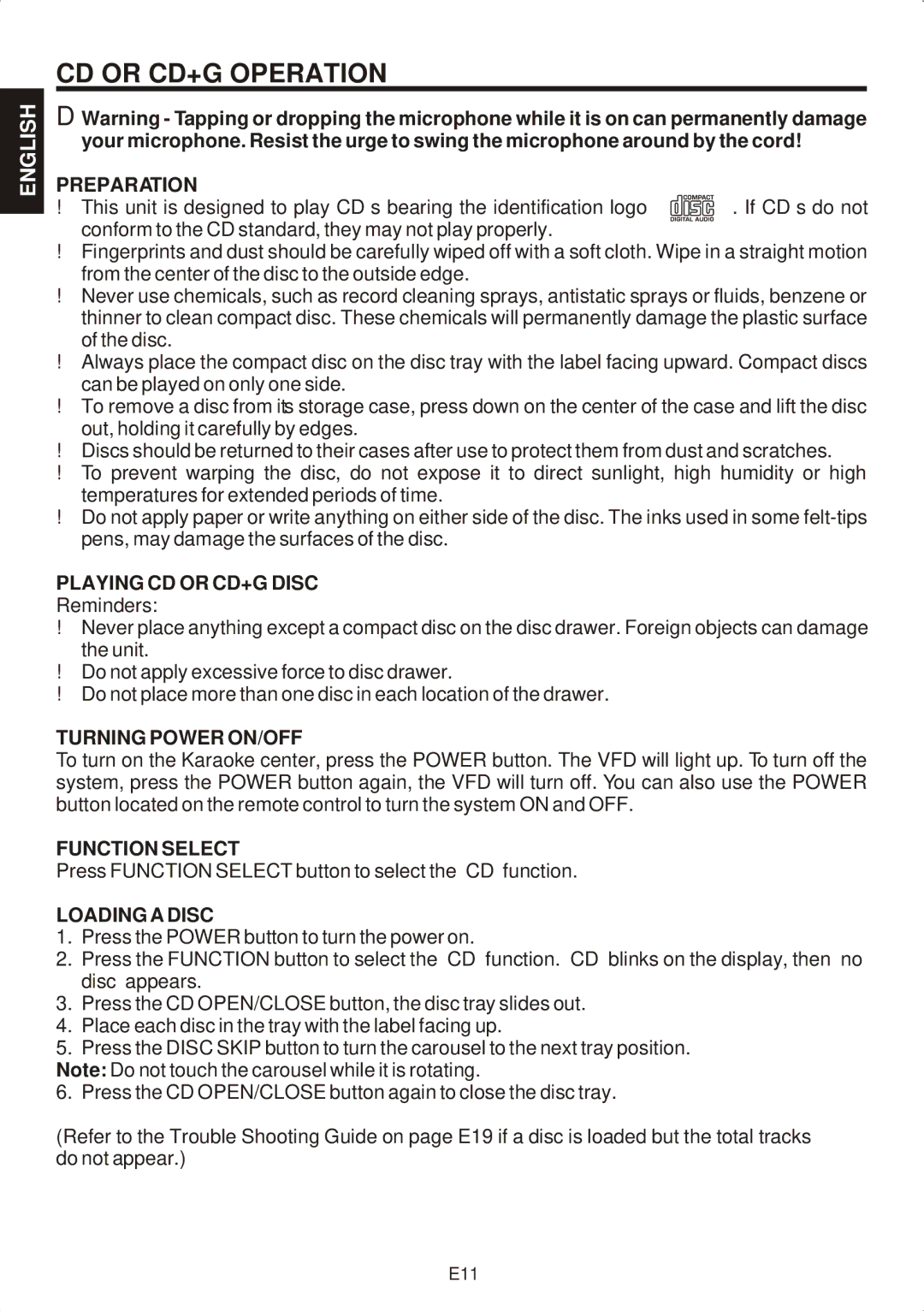 The Singing Machine SMG-301 manual CD or CD+G Operation 