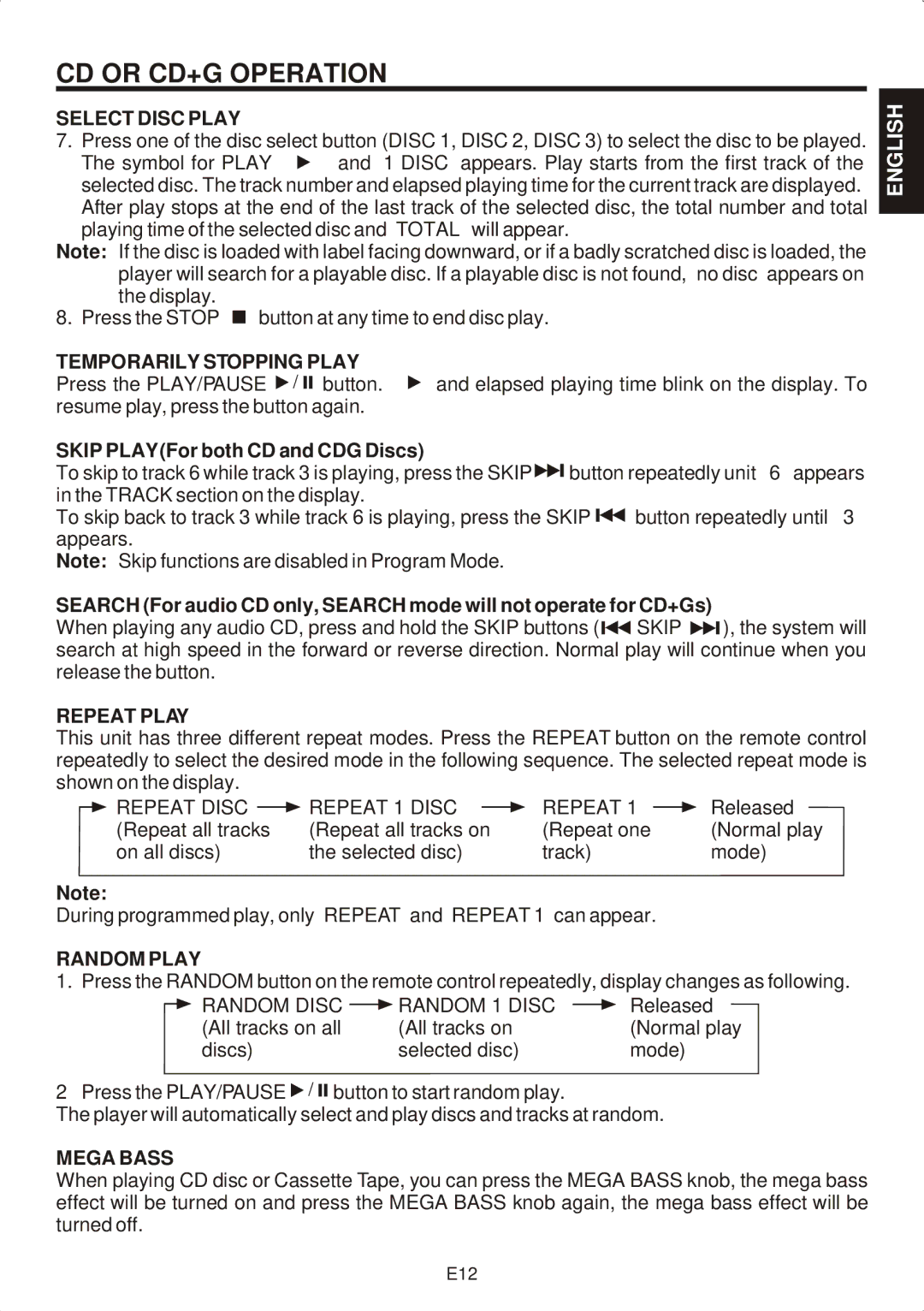 The Singing Machine SMG-301 manual Select Disc Play, Temporarily Stopping Play, Repeat Play, Random Play, Mega Bass 