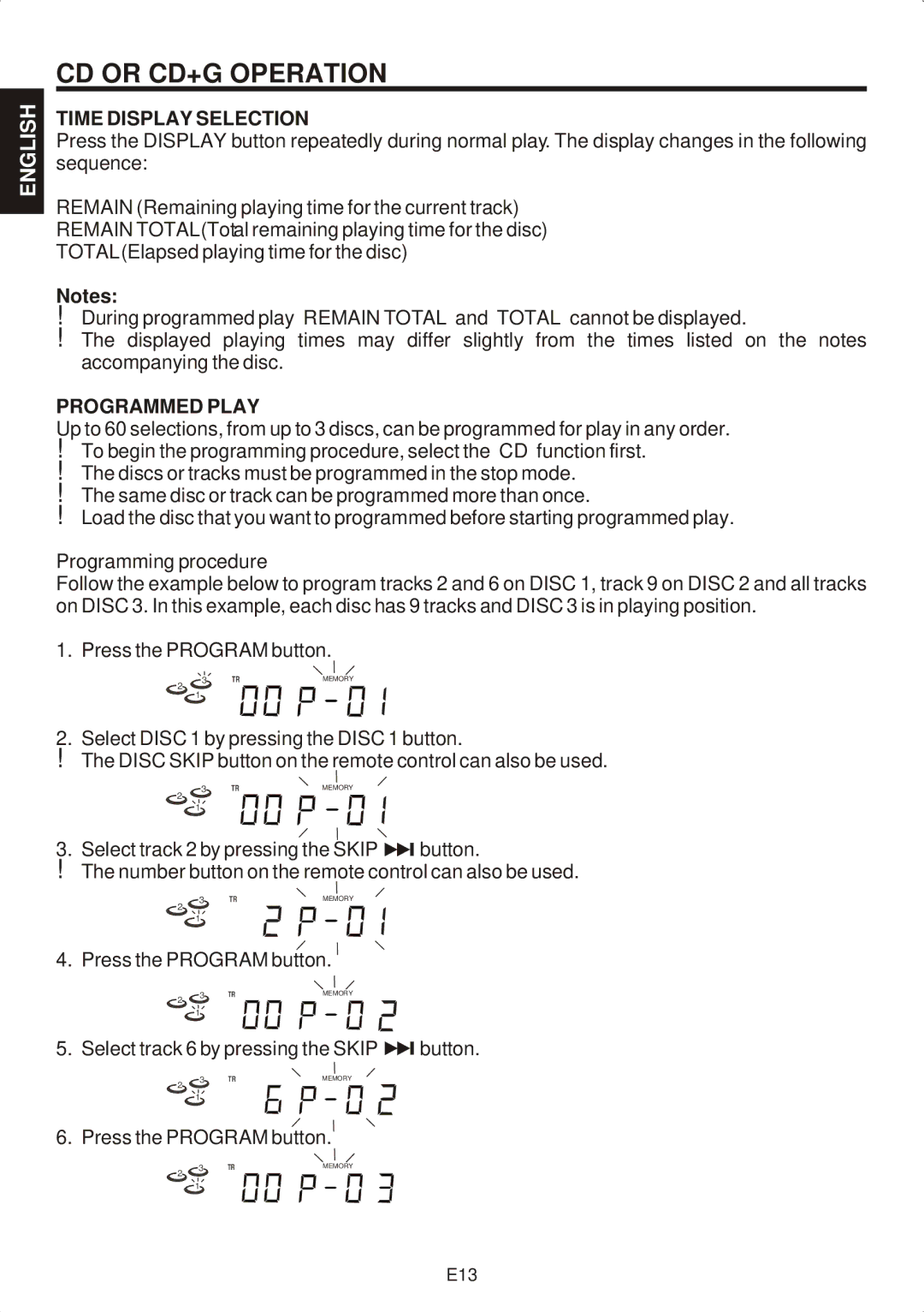 The Singing Machine SMG-301 manual Time Display Selection, Programmed Play 