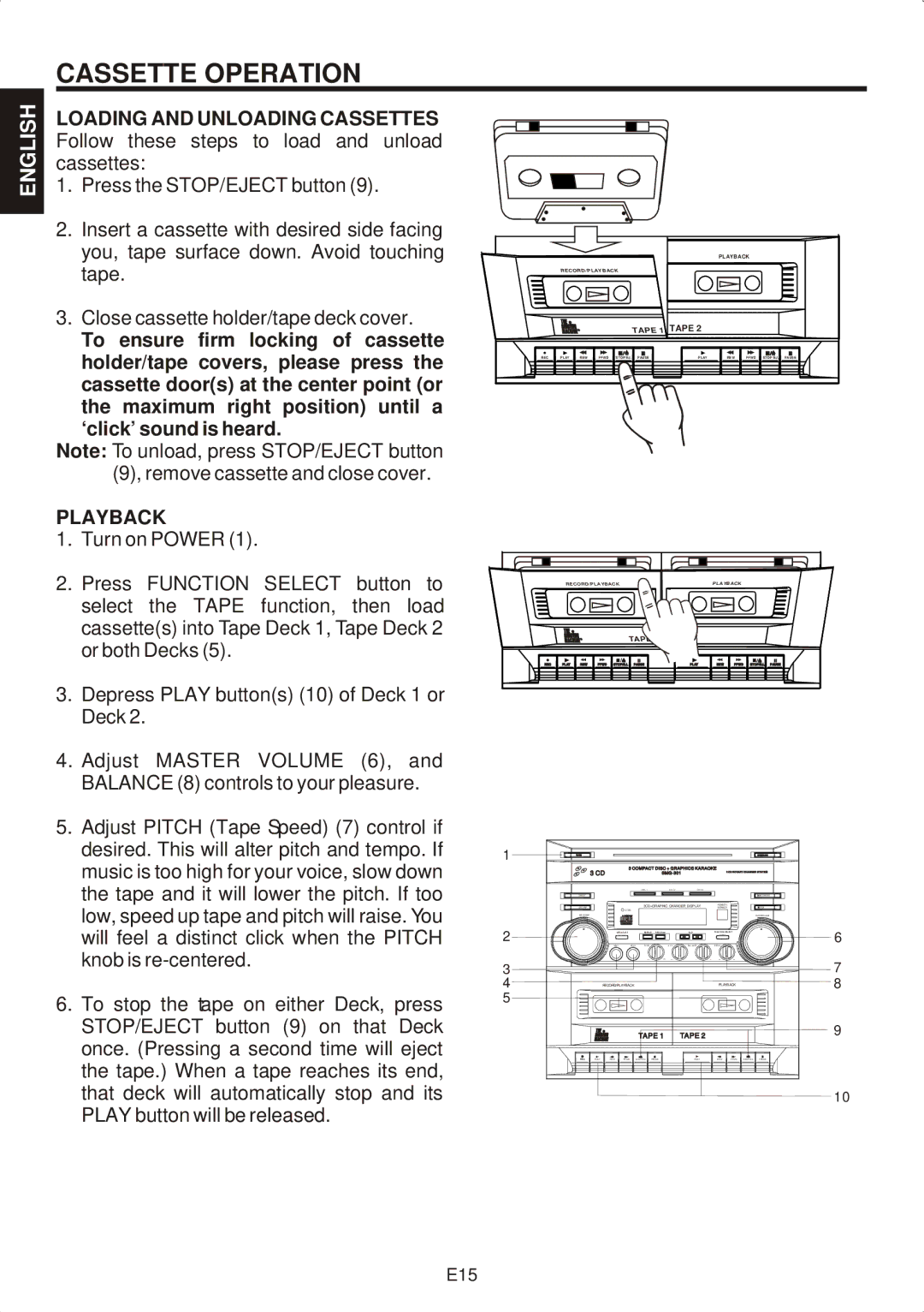 The Singing Machine SMG-301 manual Cassette Operation, Loading and Unloading Cassettes, Playback 