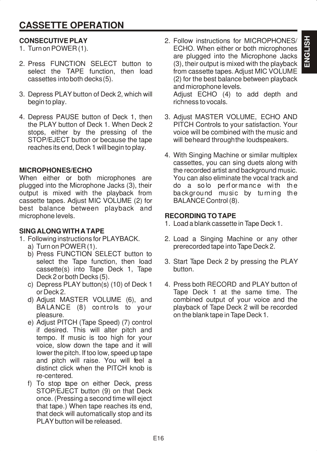 The Singing Machine SMG-301 manual Consecutive Play, Microphones/Echo, Sing Along with a Tape, Recording to Tape 