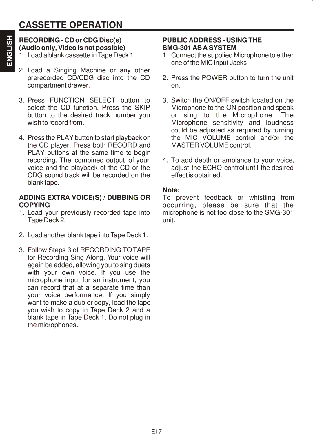 The Singing Machine manual Adding Extra Voices / Dubbing or Copying, Public Address Using the SMG-301 AS a System 