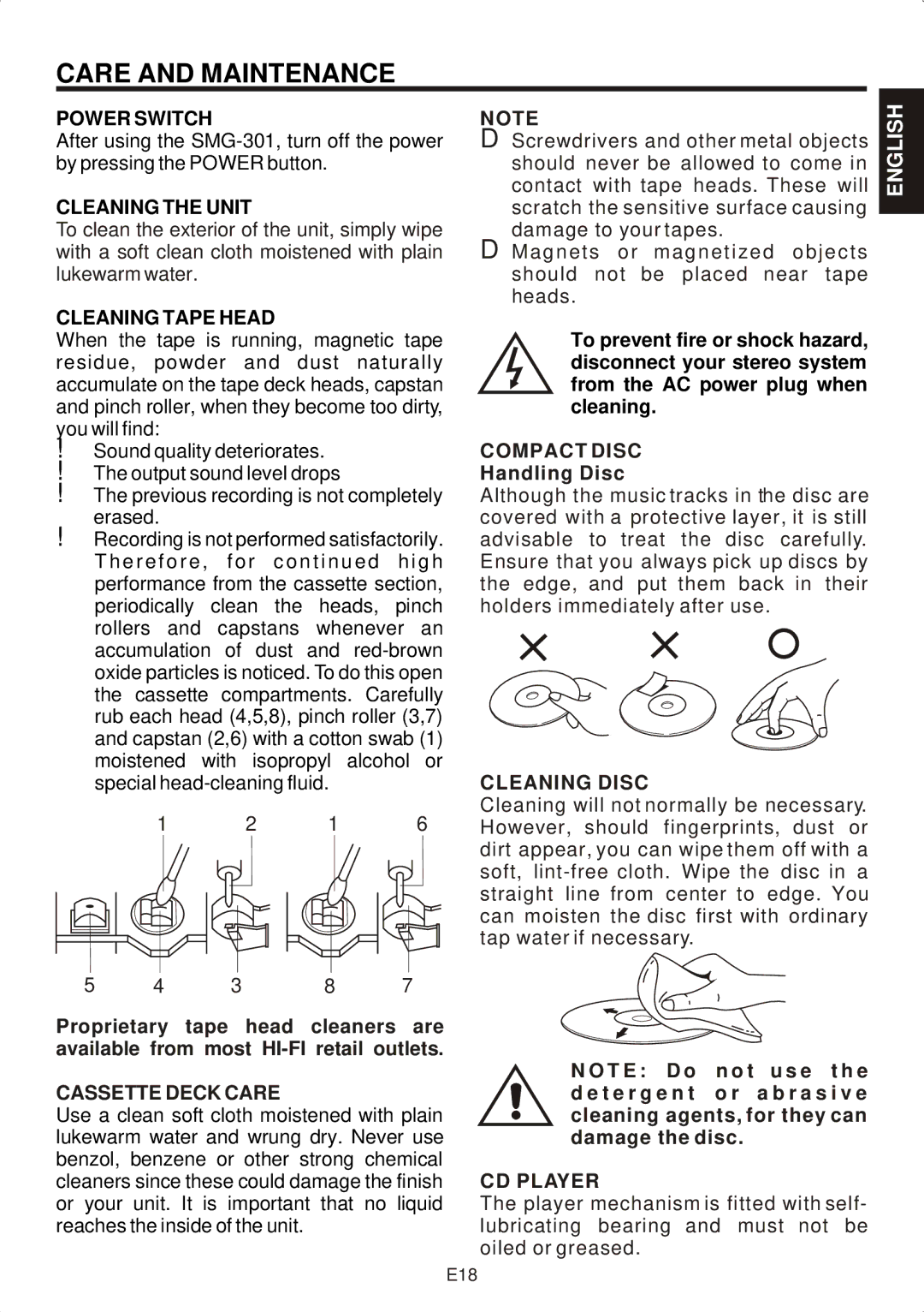 The Singing Machine SMG-301 manual Compact Disc, Cleaning Disc, Cassette Deck Care, CD Player 