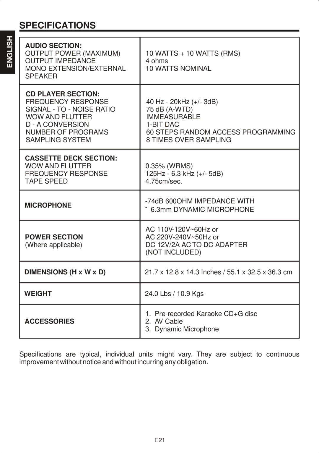 The Singing Machine SMG-301 manual Specifications 