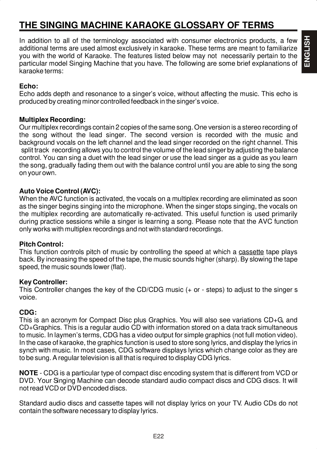 The Singing Machine SMG-301 manual Singing Machine Karaoke Glossary of Terms 