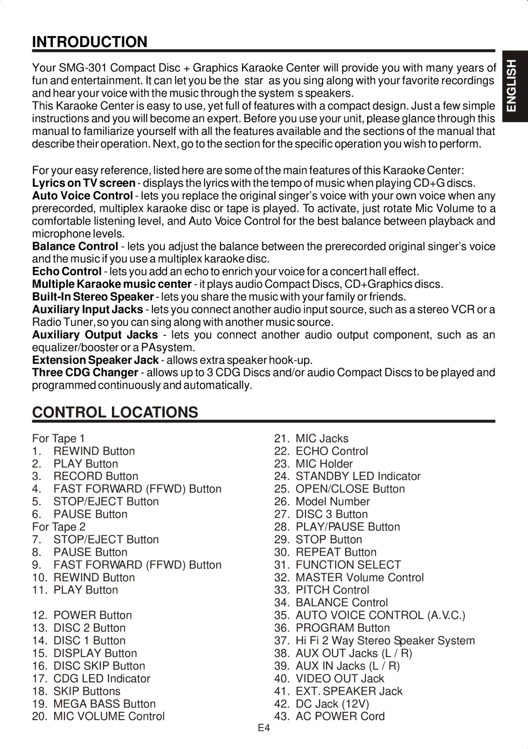 The Singing Machine SMG-301 manual Introduction, Control Locations 