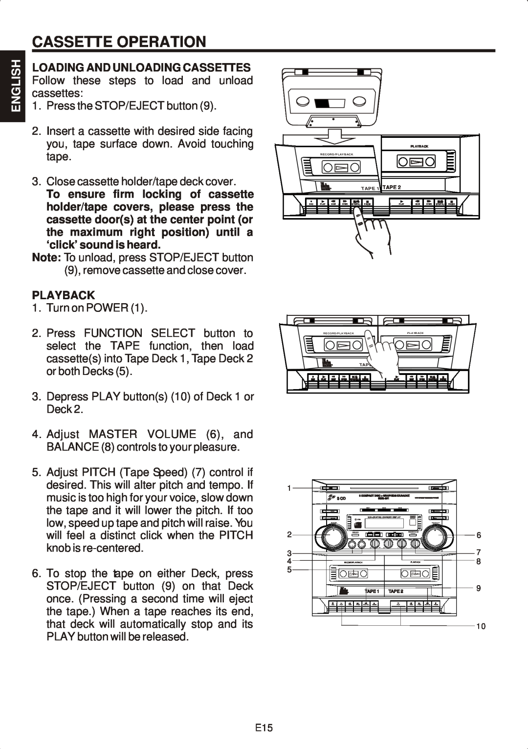 The Singing Machine SMG-301 manual Cassette Operation, Loading And Unloading Cassettes, Playback, English 