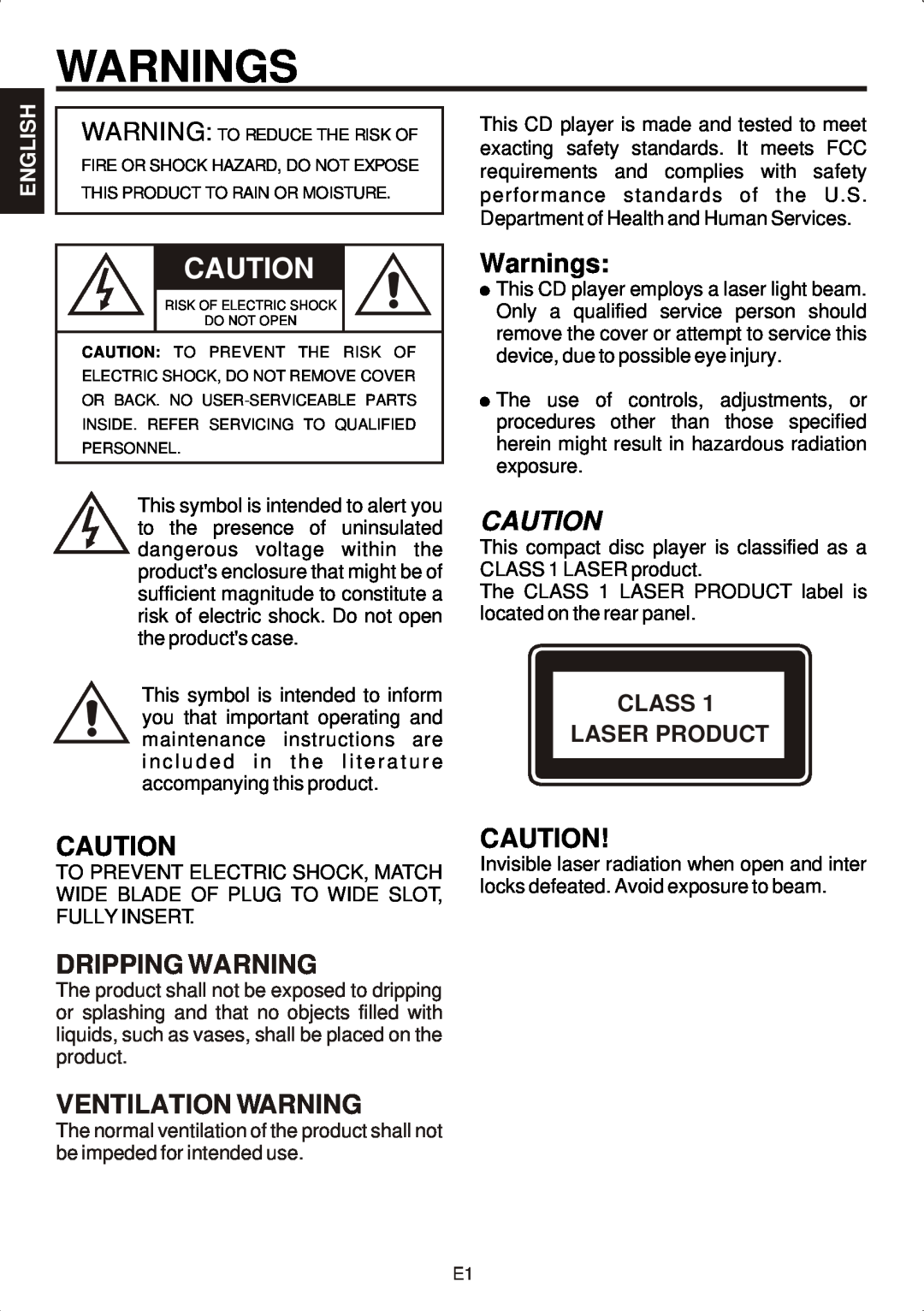 The Singing Machine SMG-301 manual Warnings, Dripping Warning, Ventilation Warning, English, Class Laser Product 