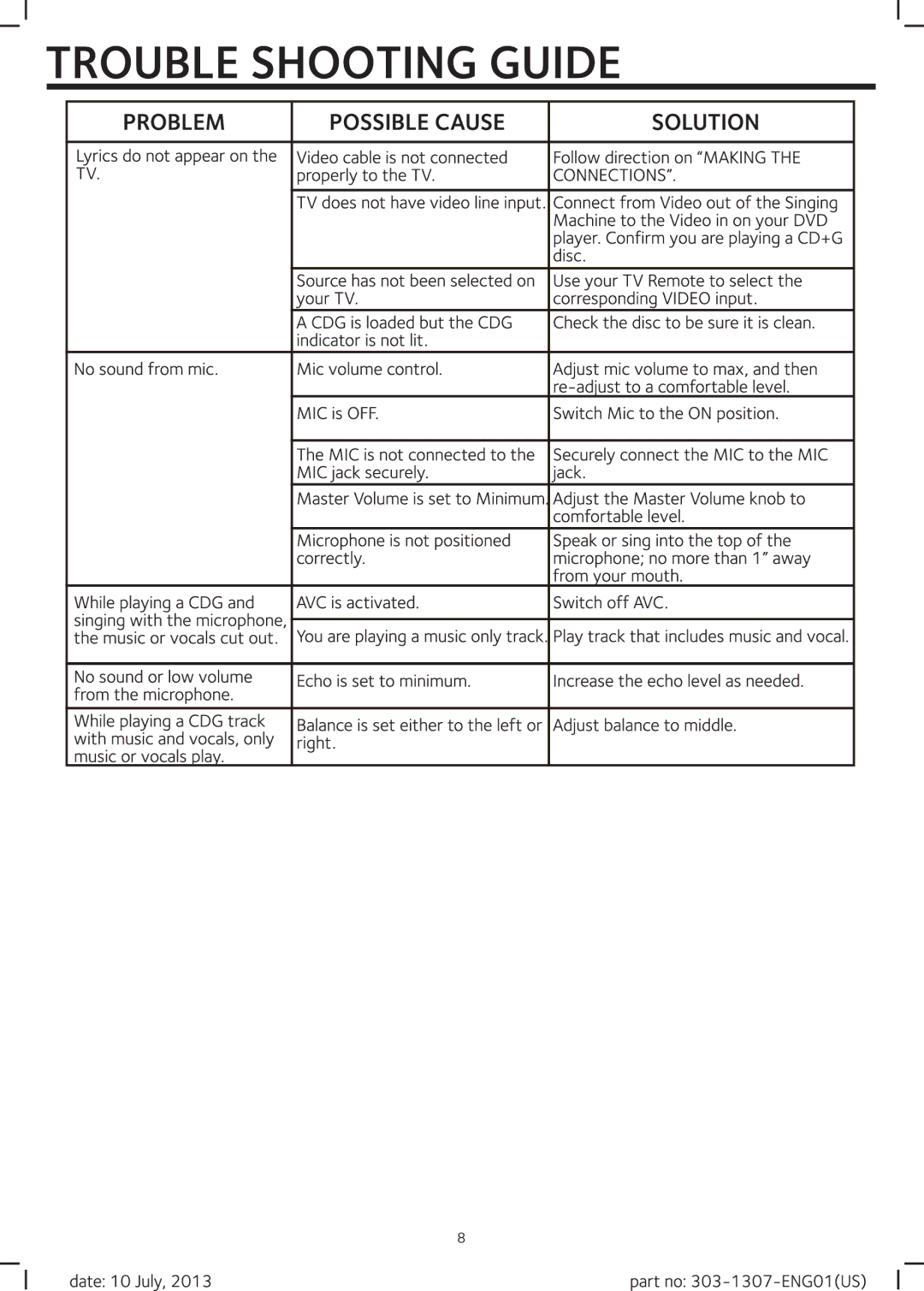 The Singing Machine 303-1307-ENG01(US), SMG303 manual 