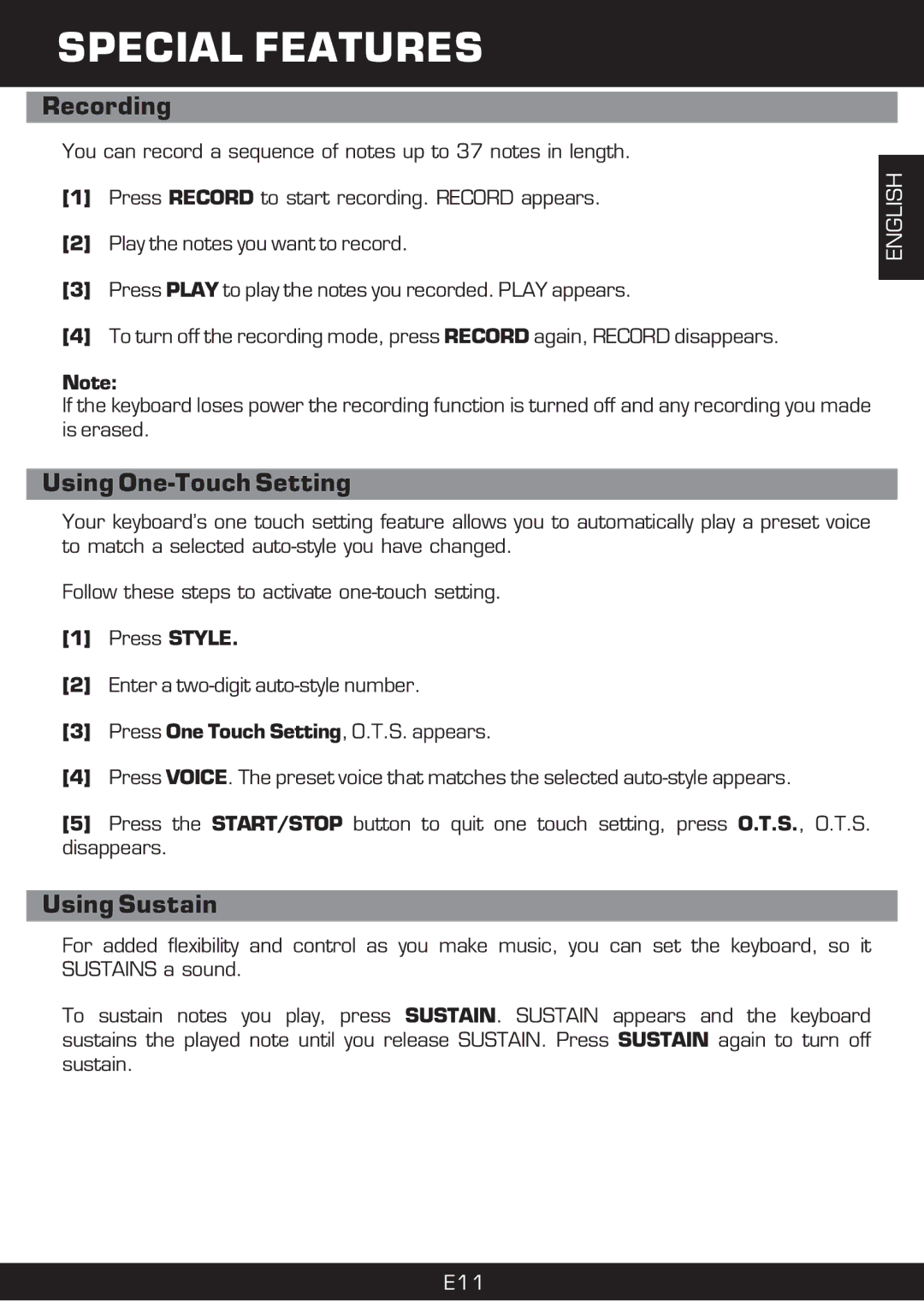 The Singing Machine SMI-1420 manual Special Features, Recording, Using One-Touch Setting, Using Sustain 