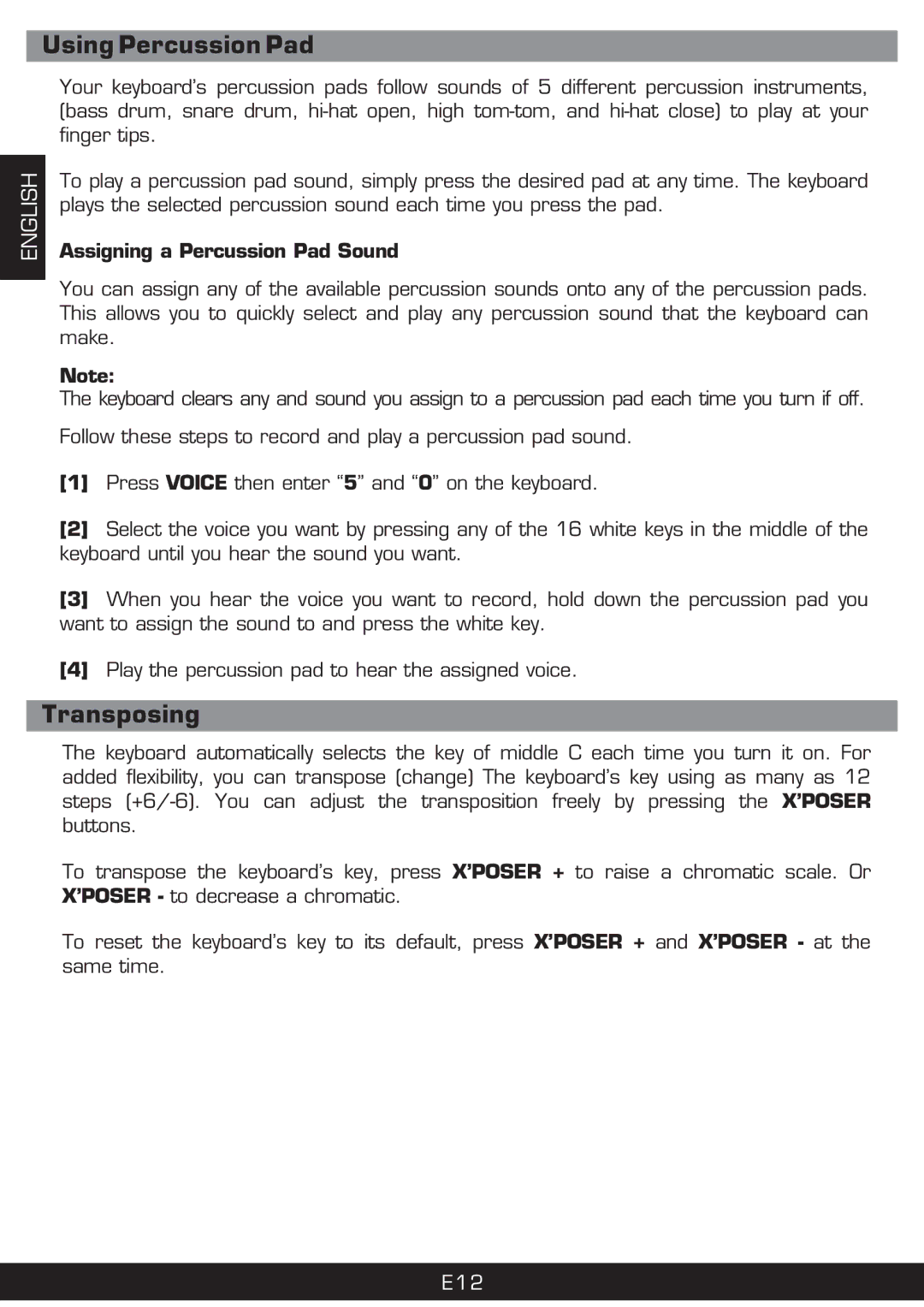 The Singing Machine SMI-1420 manual Using Percussion Pad, Transposing, Assigning a Percussion Pad Sound 