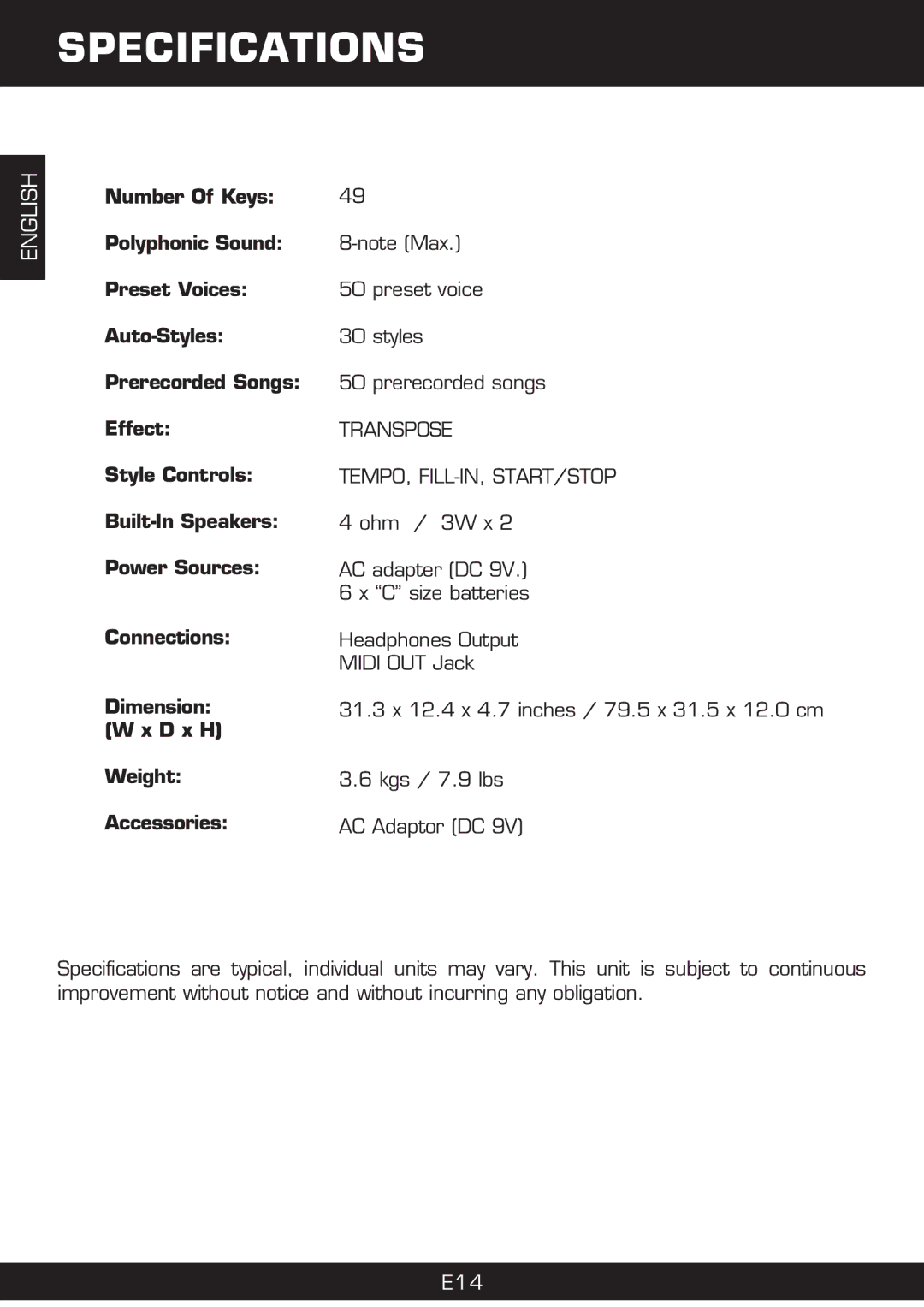 The Singing Machine SMI-1420 manual Specifications, Transpose TEMPO, FILL-IN, START/STOP 