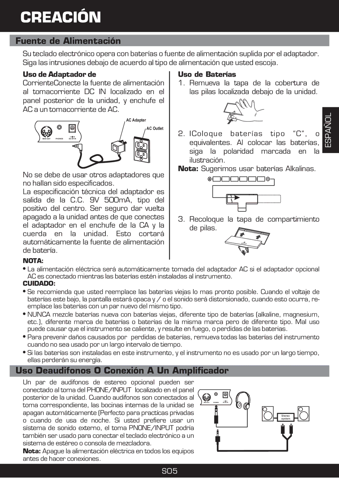 The Singing Machine SMI-1420 manual Creación, Fuente de Alimentación, Uso Deaudifonos O Conexión a Un Amplificador 