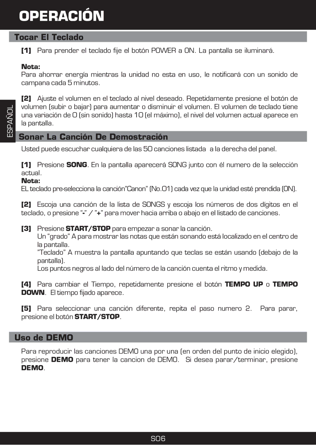 The Singing Machine SMI-1420 manual Operación, Tocar El Teclado, Sonar La Canción De Demostración, Uso de Demo, Nota 