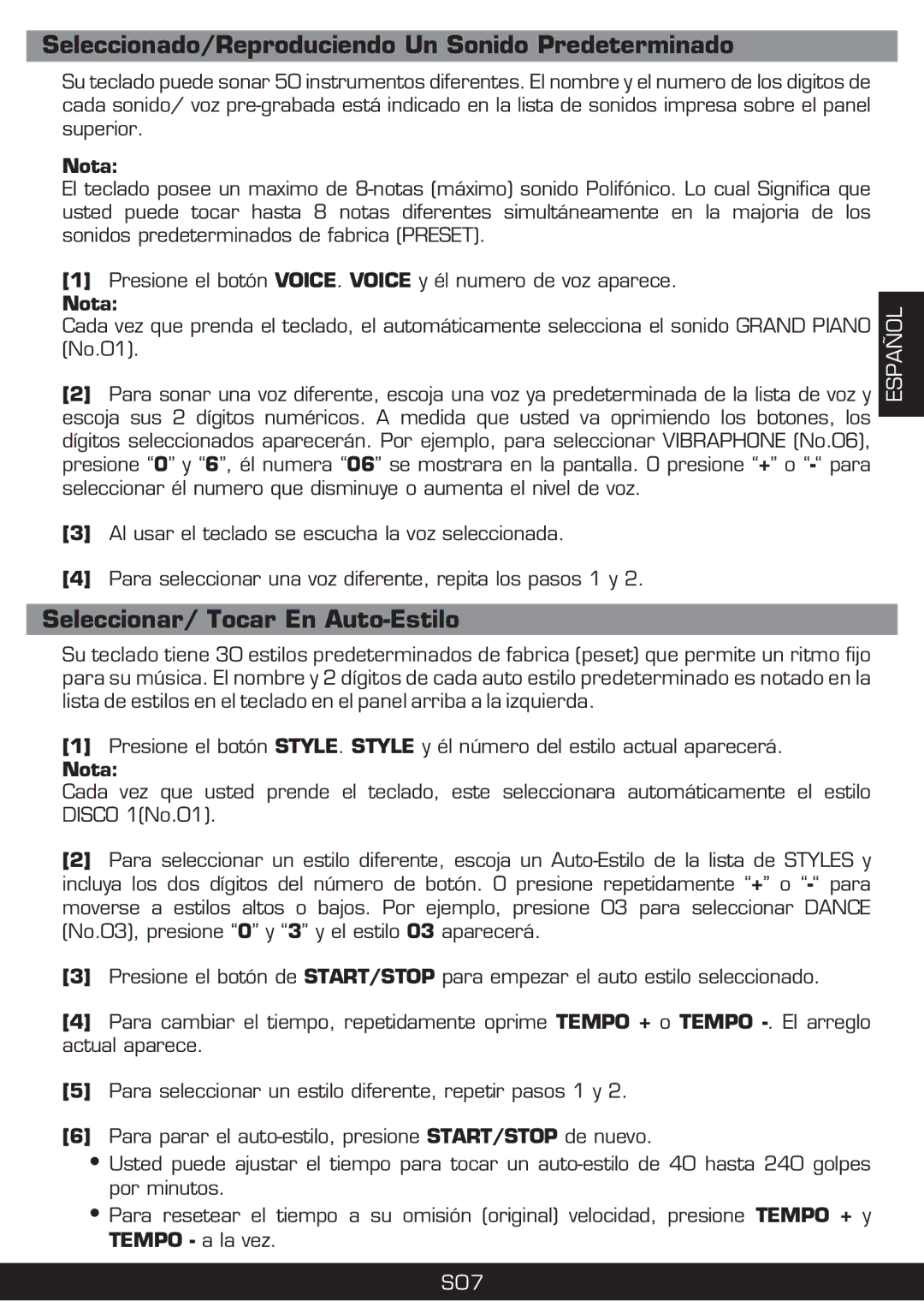 The Singing Machine SMI-1420 manual Seleccionado/Reproduciendo Un Sonido Predeterminado, Seleccionar/ Tocar En Auto-Estilo 