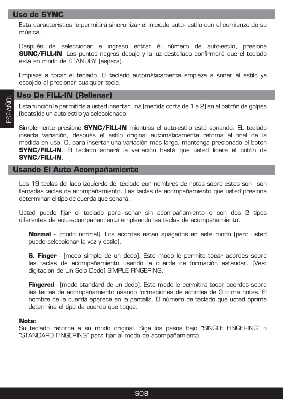 The Singing Machine SMI-1420 manual Uso de Sync, Uso De FILL-IN Rellenar, Usando El Auto Acompañamiento 