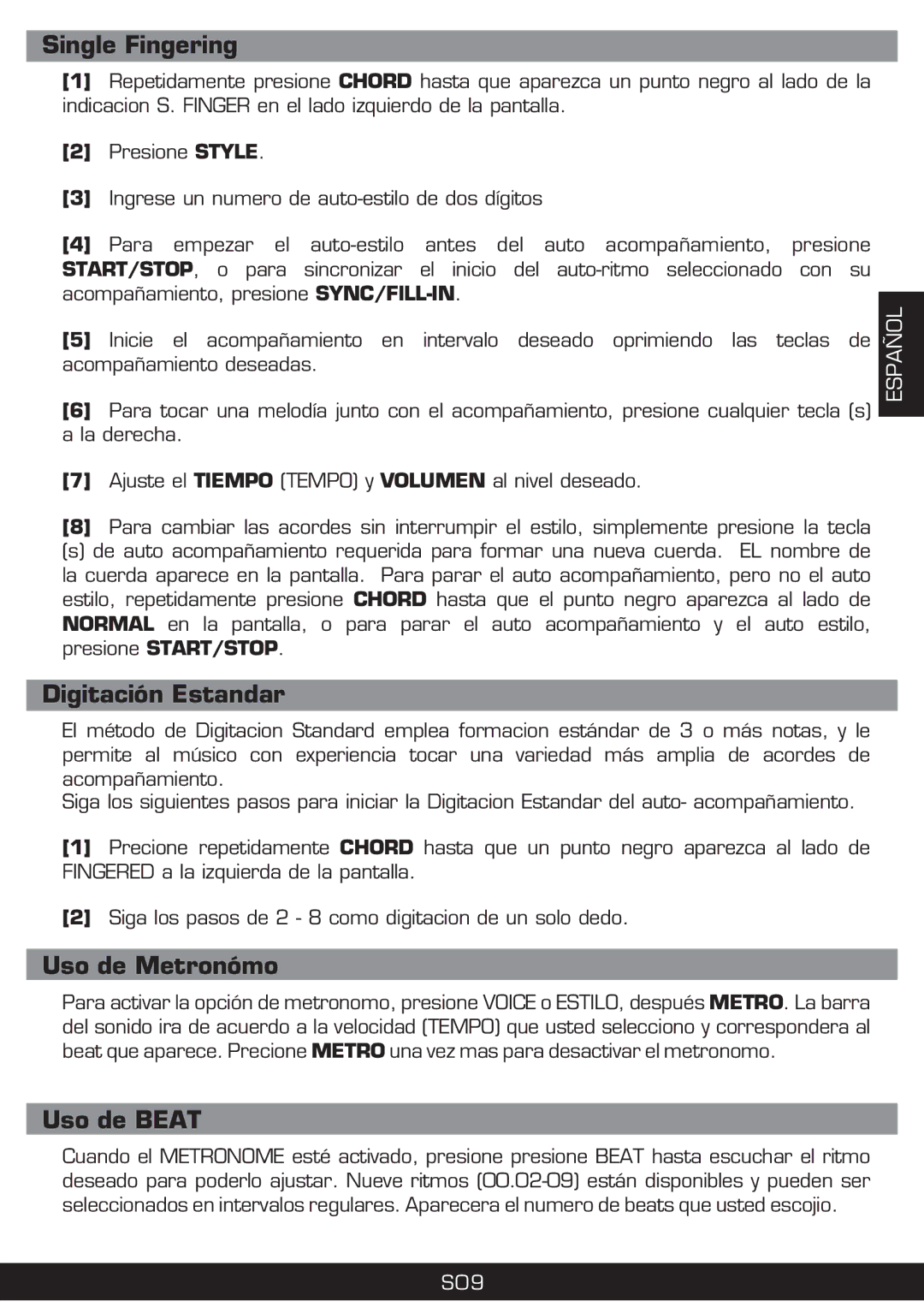 The Singing Machine SMI-1420 manual Digitación Estandar, Uso de Metronómo, Uso de Beat 