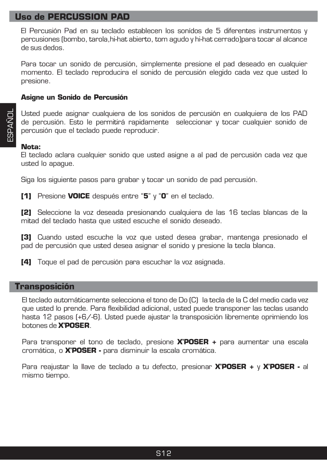 The Singing Machine SMI-1420 manual Uso de Percussion PAD, Transposición, Asigne un Sonido de Percusión 