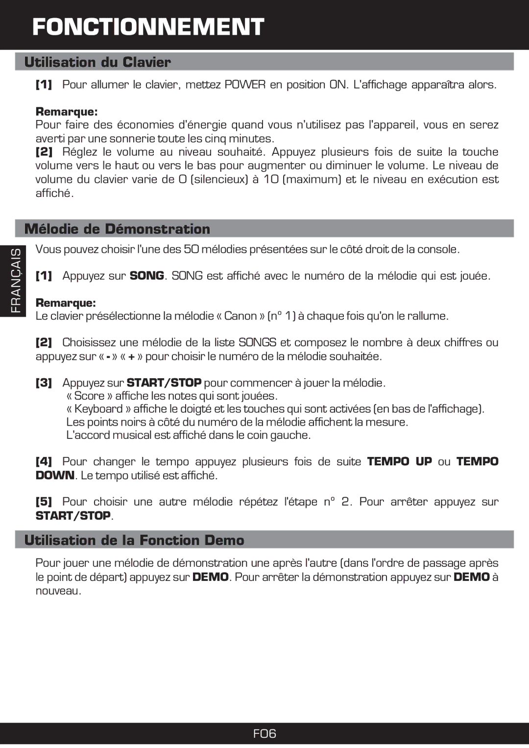 The Singing Machine SMI-1420 manual Fonctionnement, Utilisation du Clavier, Mélodie de Démonstration, Remarque 