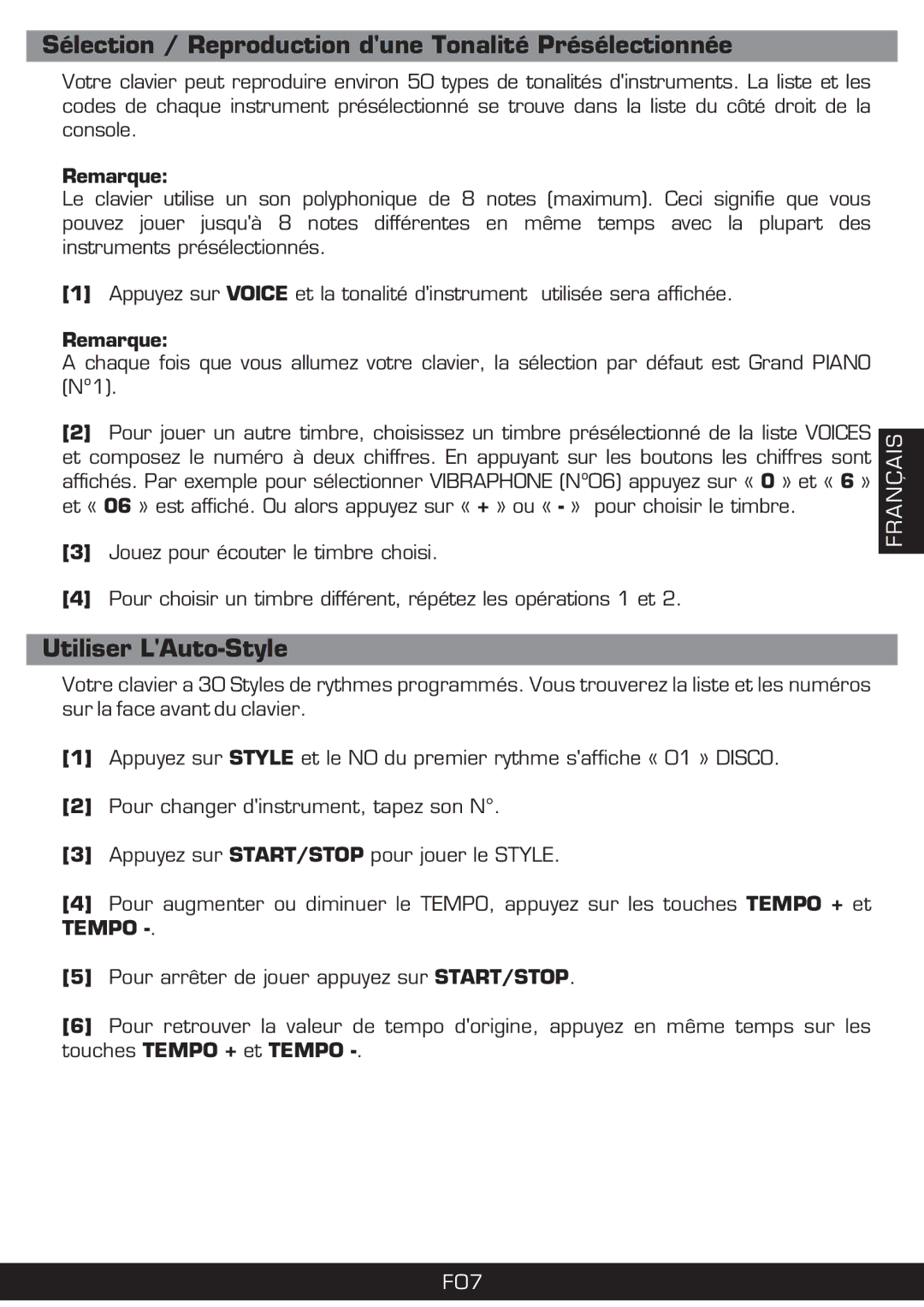 The Singing Machine SMI-1420 manual Sélection / Reproduction dune Tonalité Présélectionnée, Utiliser LAuto-Style 