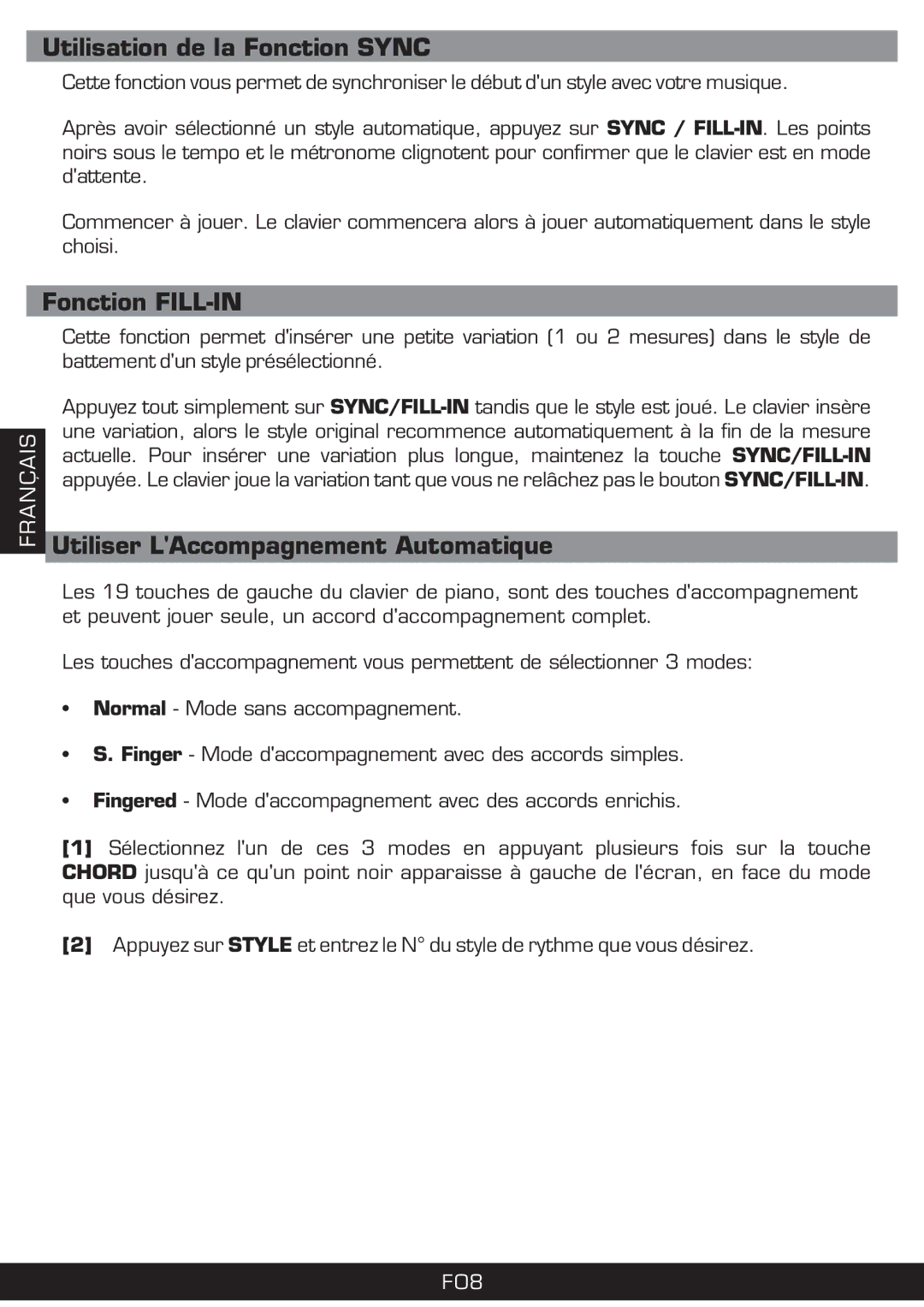 The Singing Machine SMI-1420 manual Utilisation de la Fonction Sync, Fonction FILL-IN, Utiliser LAccompagnement Automatique 