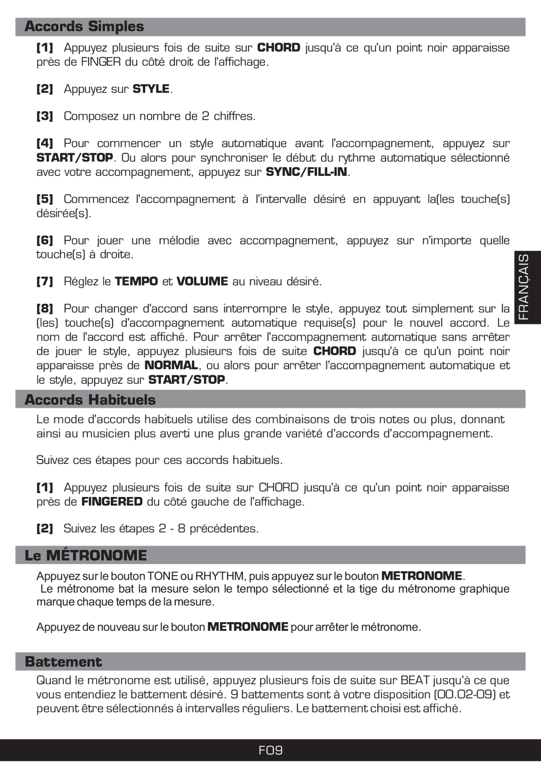 The Singing Machine SMI-1420 manual Accords Simples, Accords Habituels, Le Métronome, Battement 