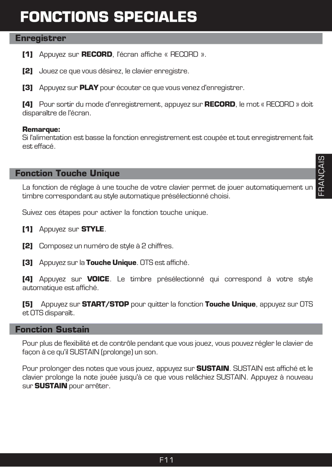 The Singing Machine SMI-1420 manual Fonctions Speciales, Enregistrer, Fonction Touche Unique, Fonction Sustain 