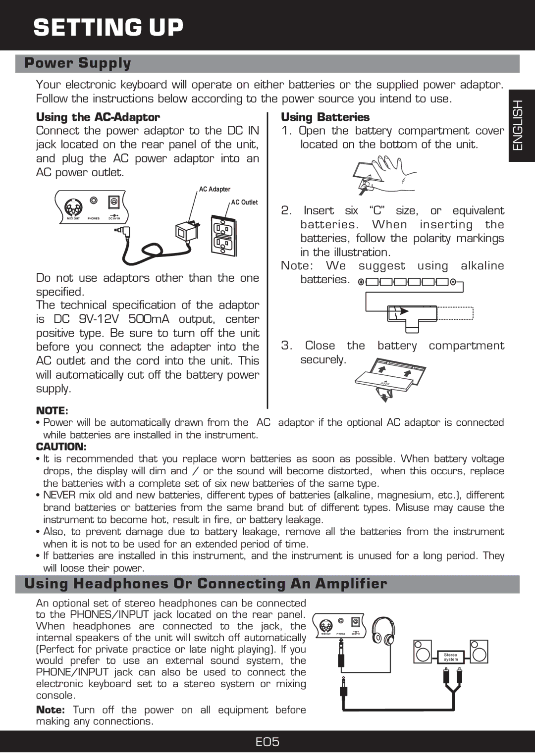 The Singing Machine SMI-1420 manual Setting UP, Power Supply, Using Headphones Or Connecting An Amplifier 