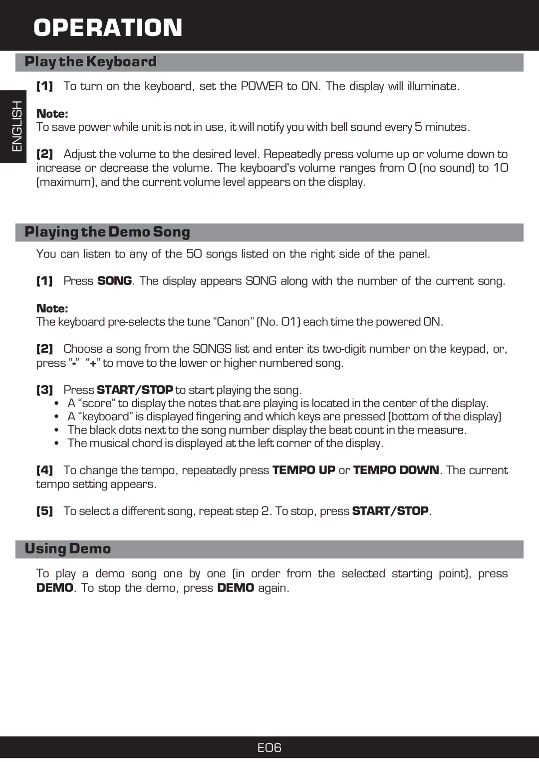 The Singing Machine SMI-1420 manual Operation, Play the Keyboard, Playing the Demo Song, Using Demo 