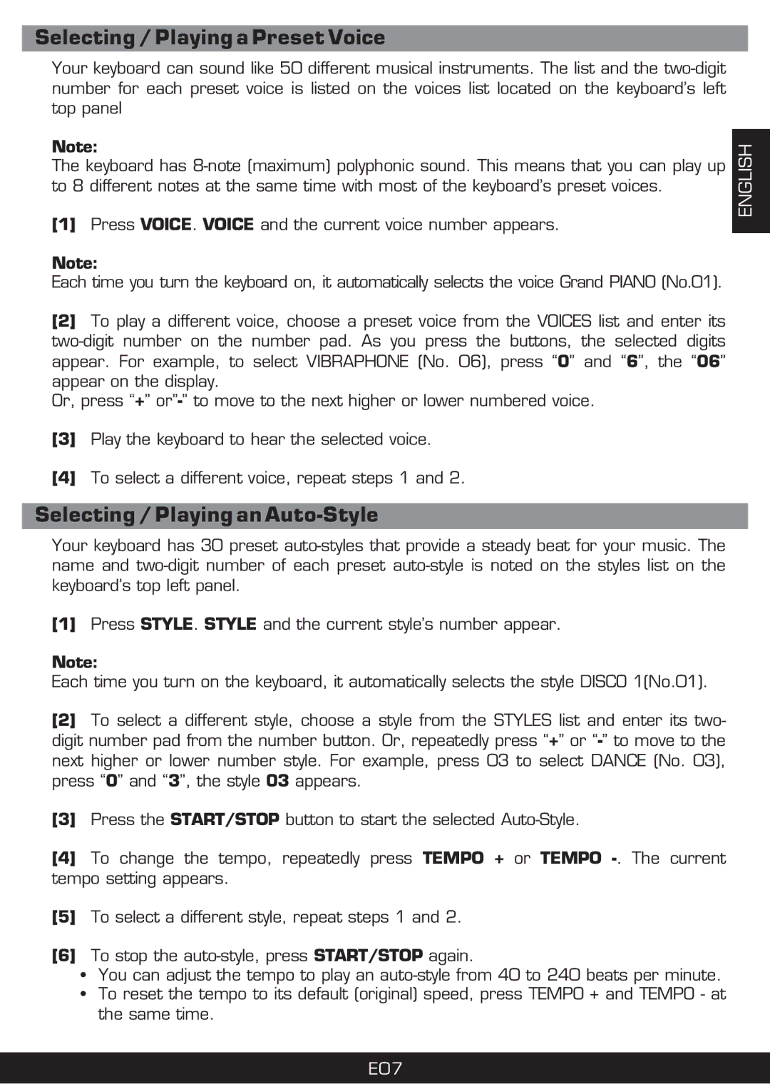 The Singing Machine SMI-1420 manual Selecting / Playing a Preset Voice, Selecting / Playing an Auto-Style 