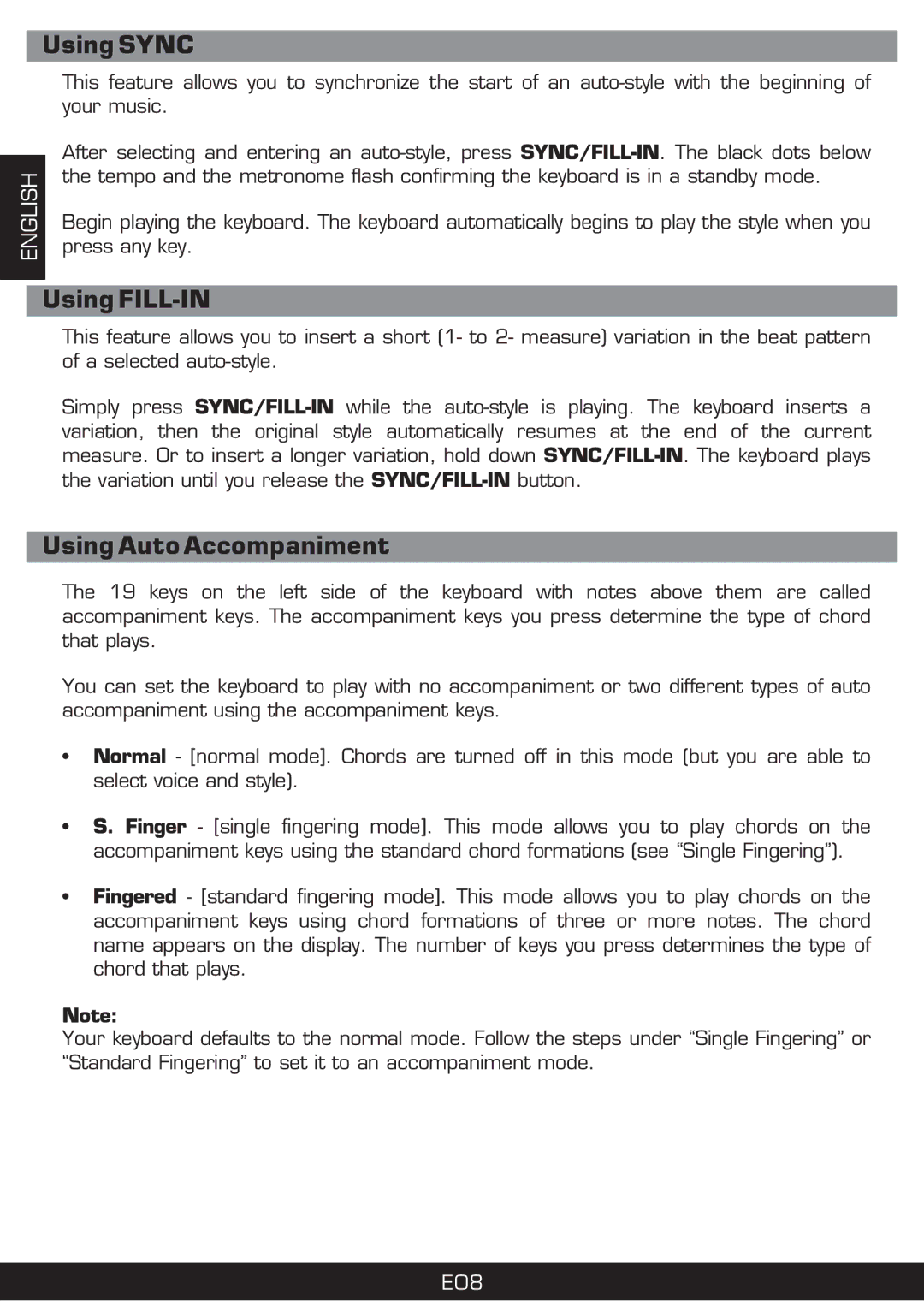 The Singing Machine SMI-1420 manual Using Sync, Using FILL-IN, Using Auto Accompaniment 