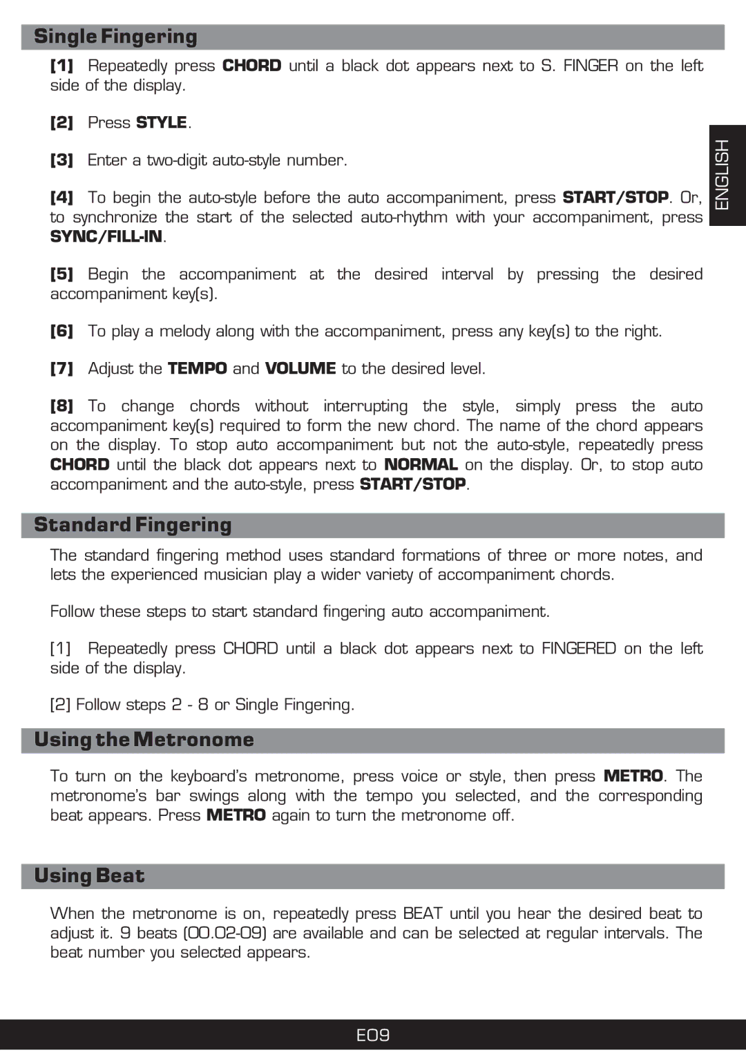 The Singing Machine SMI-1420 manual Single Fingering, Standard Fingering, Using the Metronome, Using Beat 