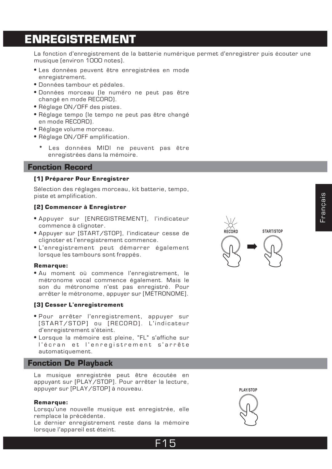 The Singing Machine SMI-1452 manual Enregistrement, Fonction Record, Fonction De Playback 