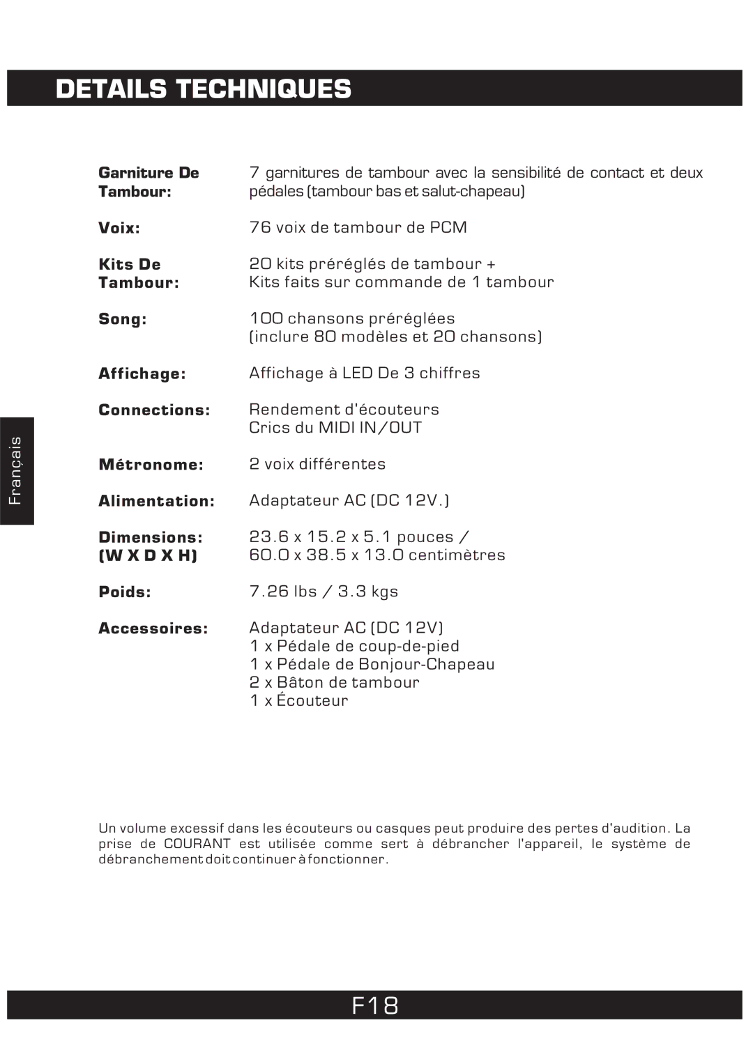 The Singing Machine SMI-1452 manual Details Techniques, Poids 