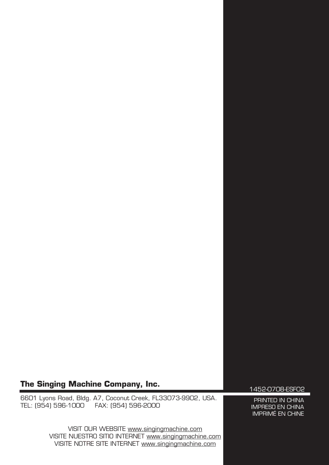 The Singing Machine SMI-1452 manual Singing Machine Company, Inc, 1452-0708-ESF02 