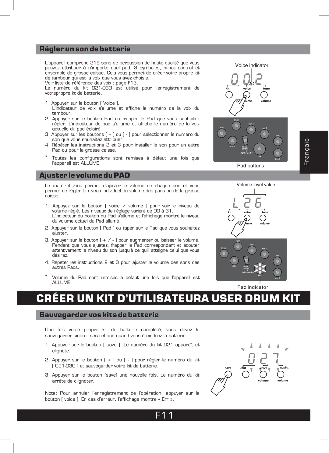 The Singing Machine SMI-1460 instruction manual Créer UN KIT D’UTILISATEURA User Drum KIT, F11, Régler un son de batterie 