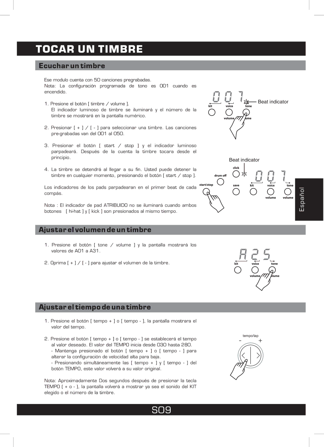 The Singing Machine SMI-1460 instruction manual Tocar UN Timbre, S09, Ecuchar un timbre, Ajustar el volumen de un timbre 