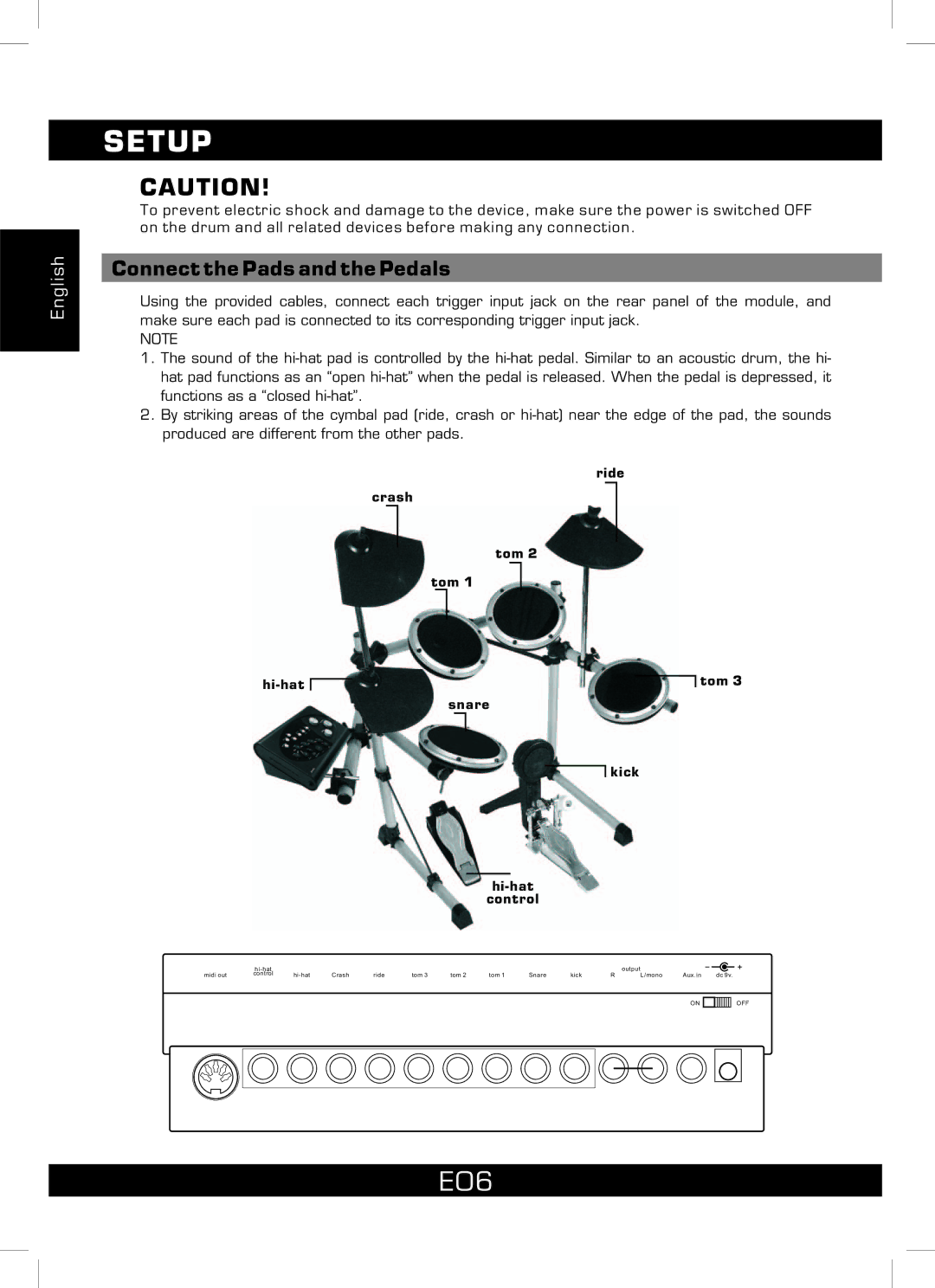 The Singing Machine SMI-1460 Setup, E06, Connect the Pads and the Pedals, Ride Crash Tom Hi-hat Snare Kick Control 