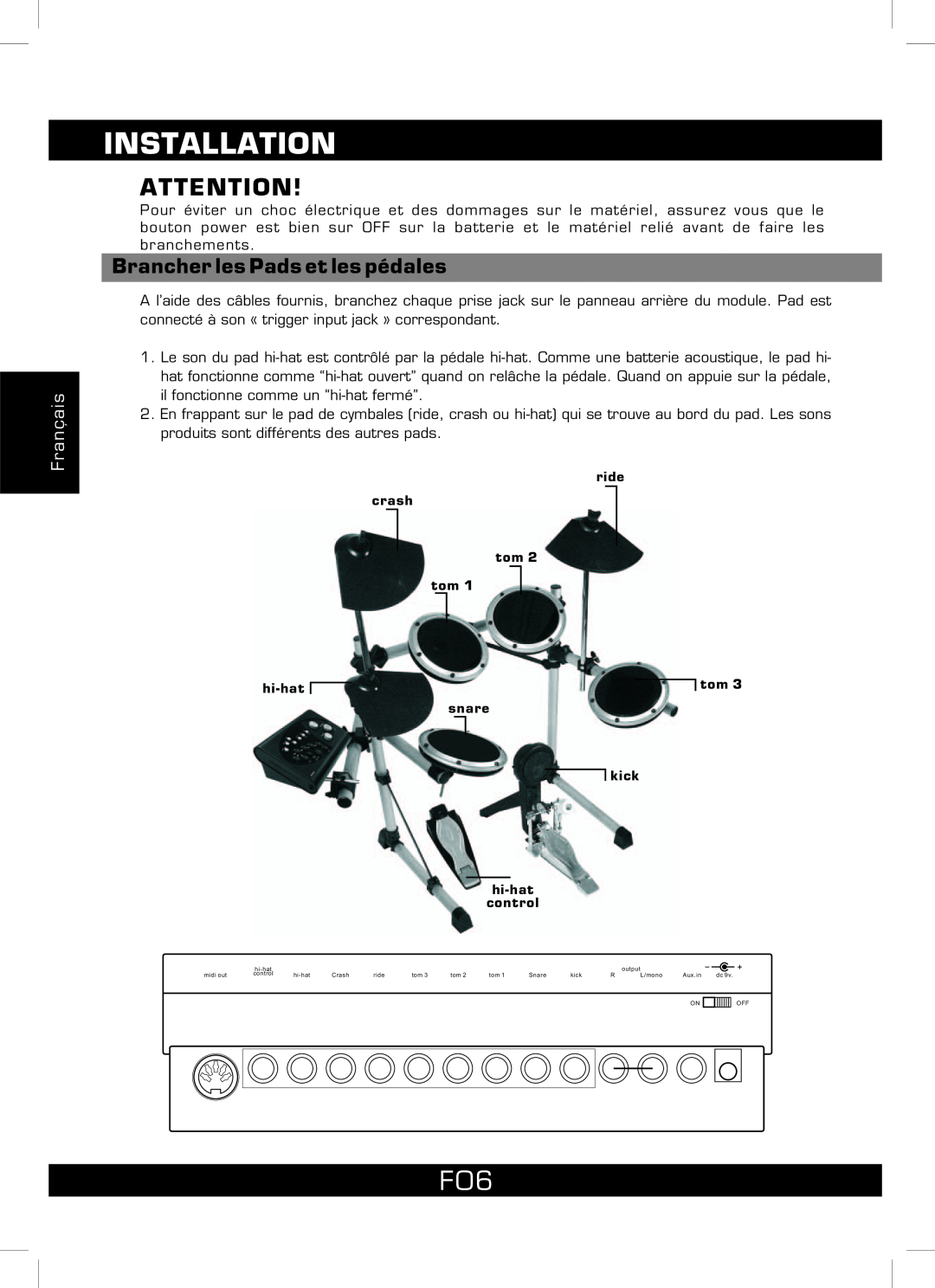 The Singing Machine SMI-1460 instruction manual Installation, Brancher les Pads et les pédales, Français 
