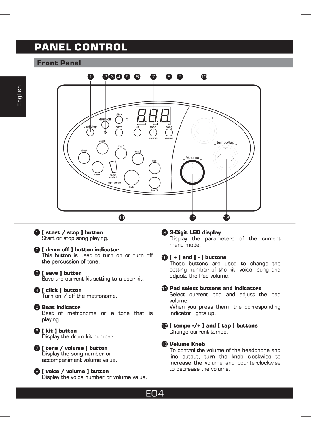 The Singing Machine SMI-1460 instruction manual Panel Control, Front Panel, English 
