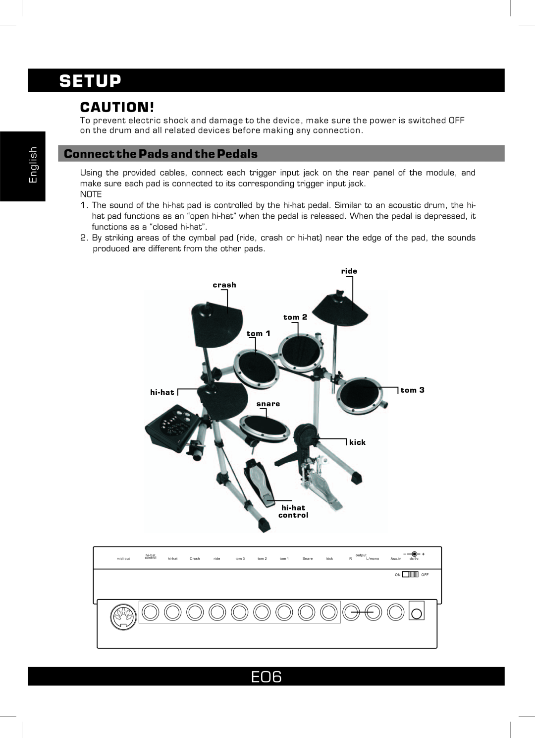 The Singing Machine SMI-1460 instruction manual Setup, Connect the Pads and the Pedals, English 