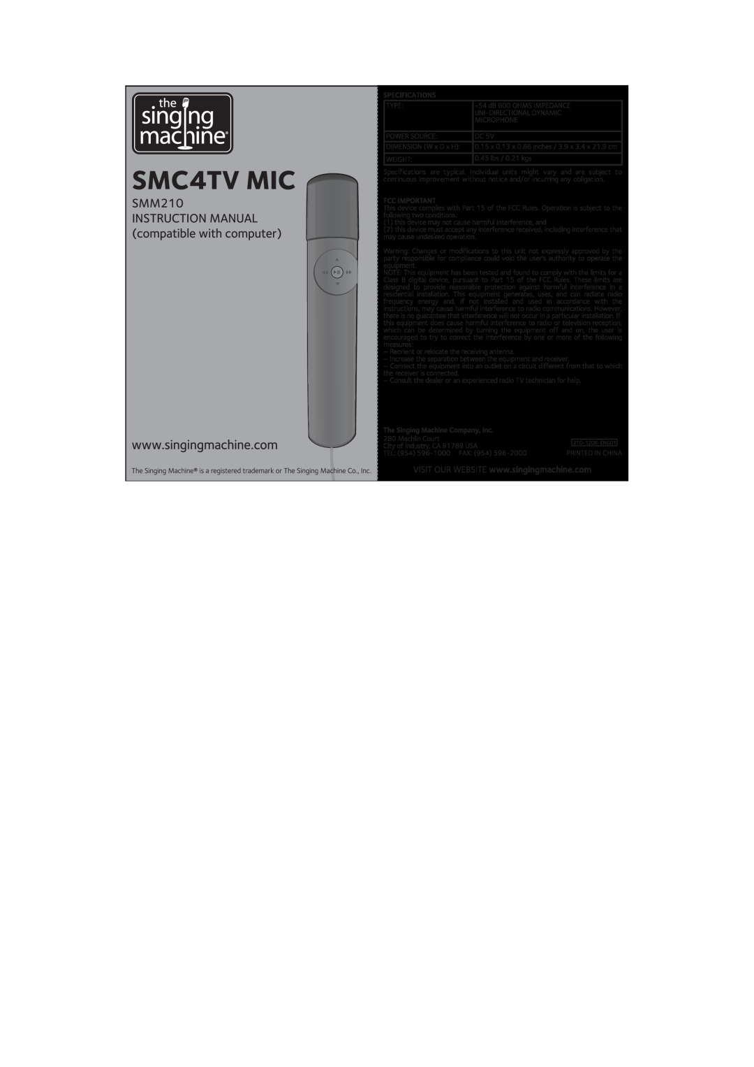 The Singing Machine SMC4TV Mic, SMM210 manual 