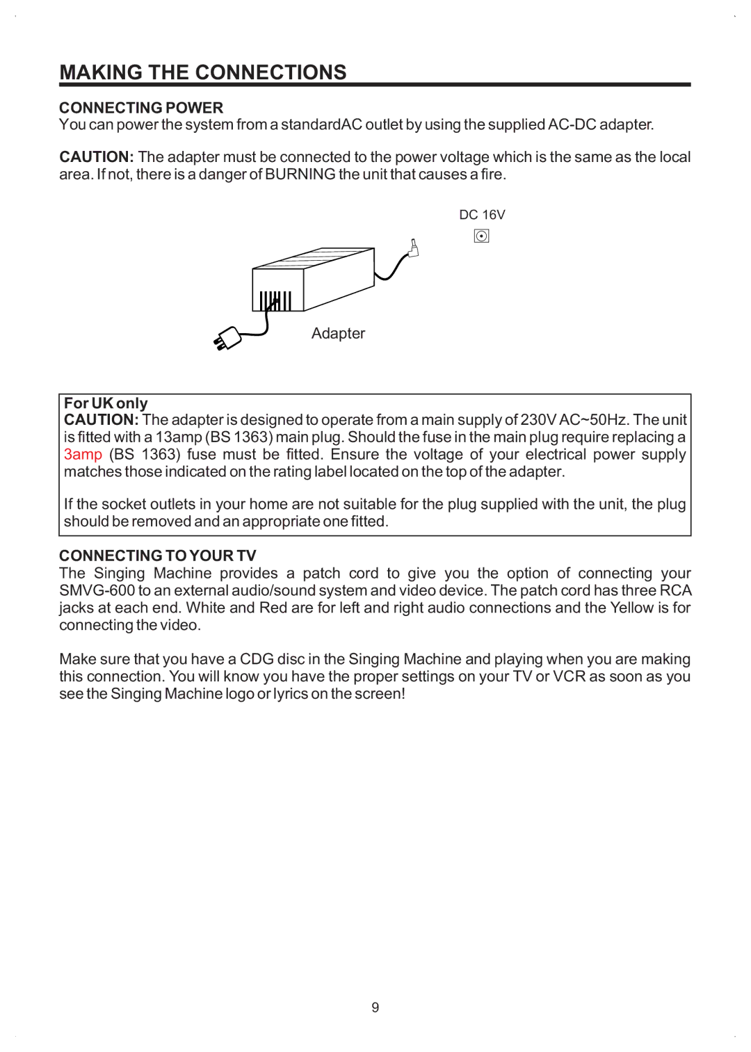 The Singing Machine SMVG-600 owner manual Making the Connections, Connecting Power, For UK only, Connecting to Your TV 