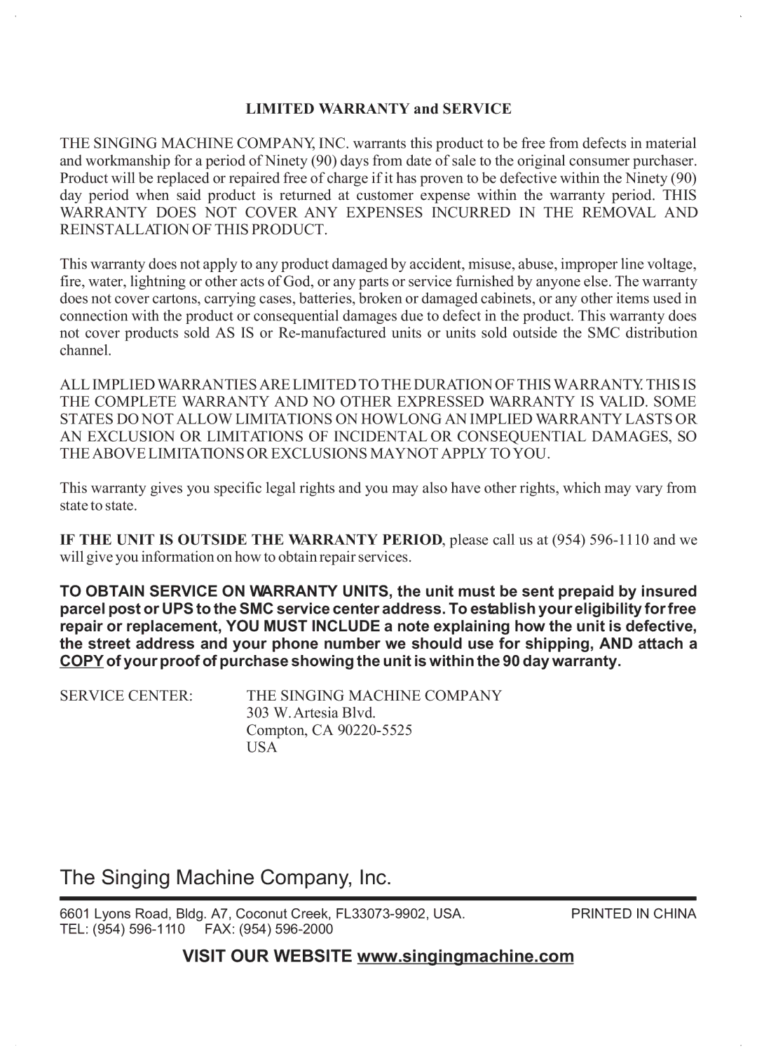 The Singing Machine SMVG-600 owner manual Singing Machine Company, Inc 