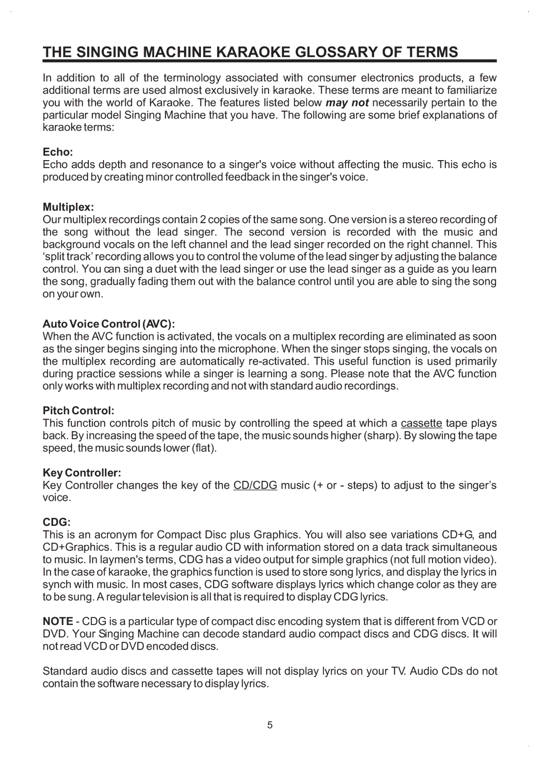 The Singing Machine SMVG-600 owner manual Singing Machine Karaoke Glossary of Terms, Cdg 