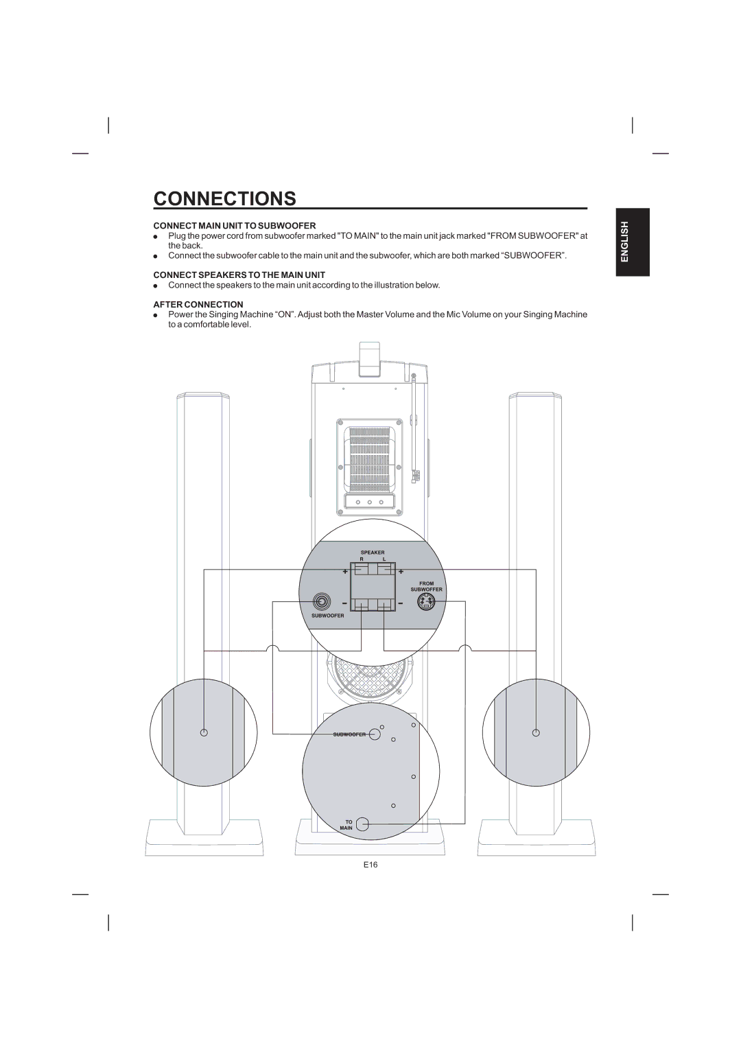 The Singing Machine STVD-1001 manual Connections, Connect Main Unit to Subwoofer, Connect Speakers to the Main Unit 