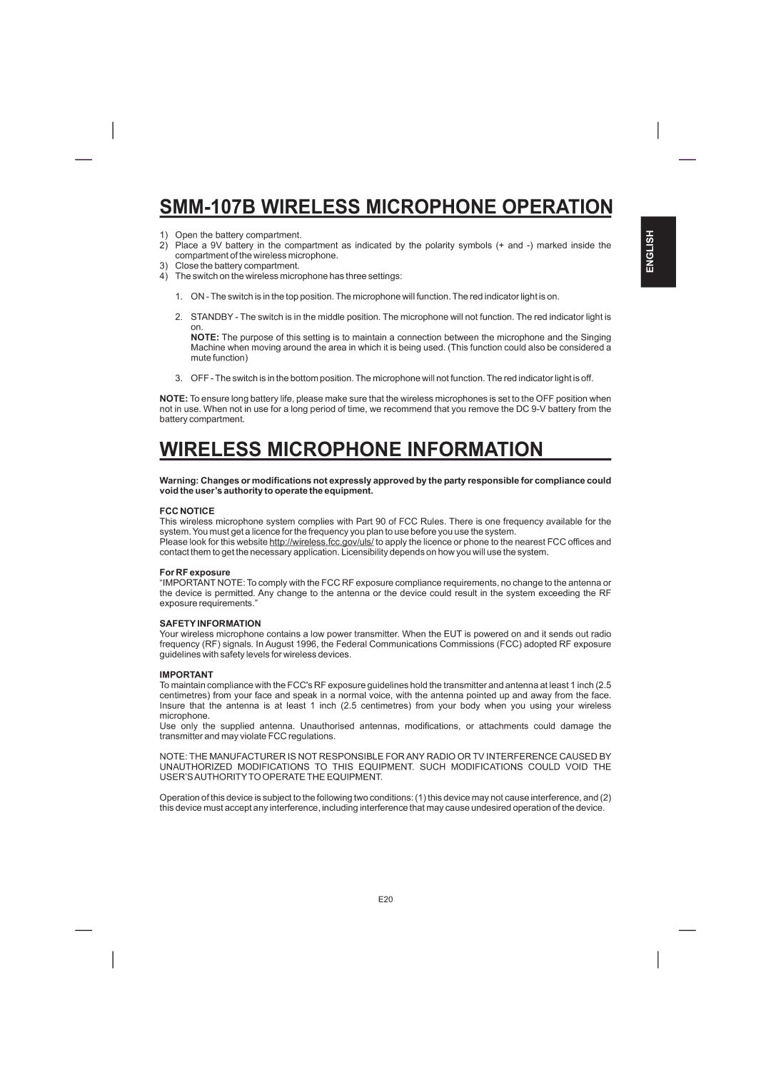 The Singing Machine STVD-1001 manual SMM-107B Wireless Microphone Operation, Wireless Microphone Information, FCC Notice 