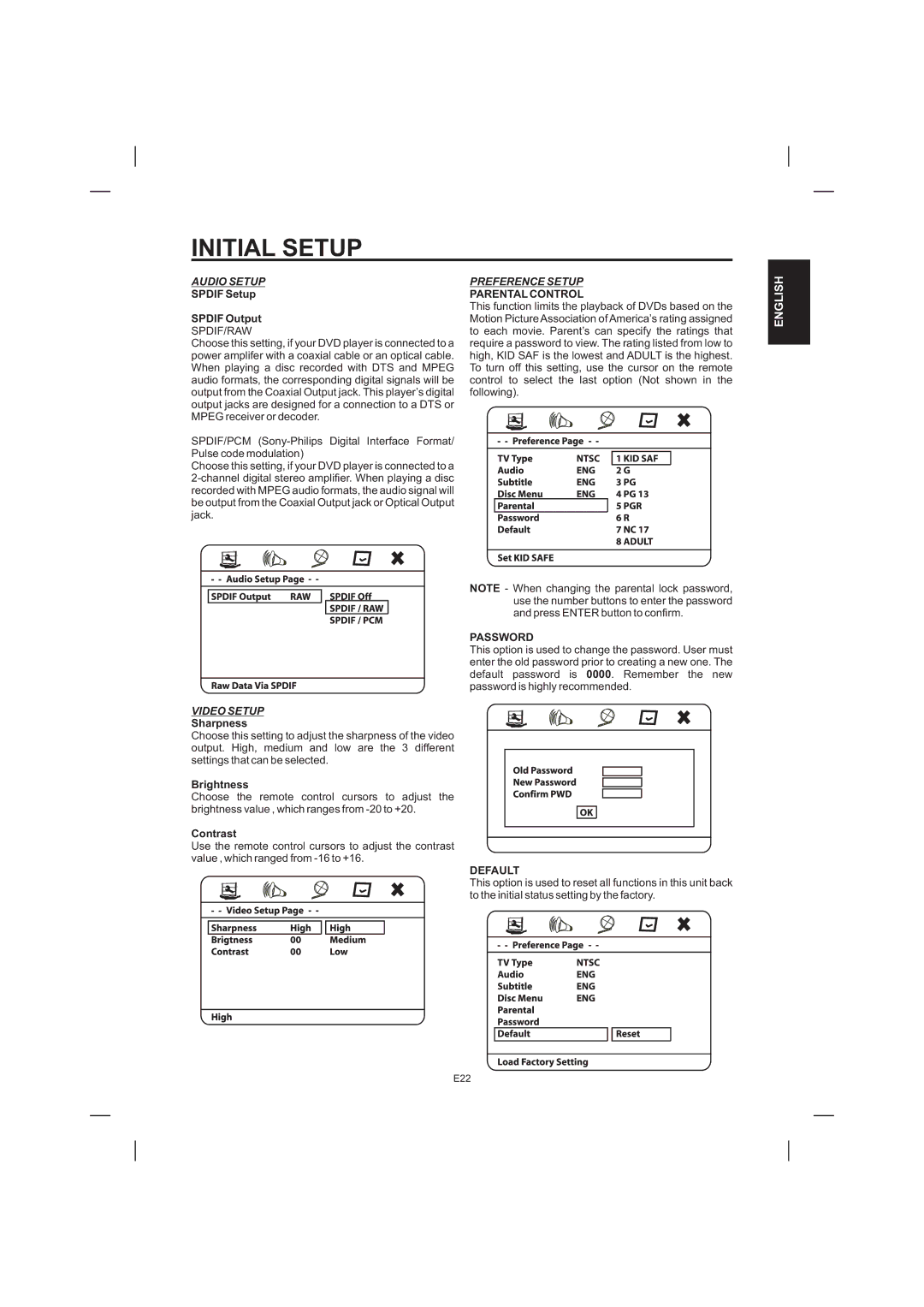 The Singing Machine STVD-1001 manual Parental Control, Password, Default 