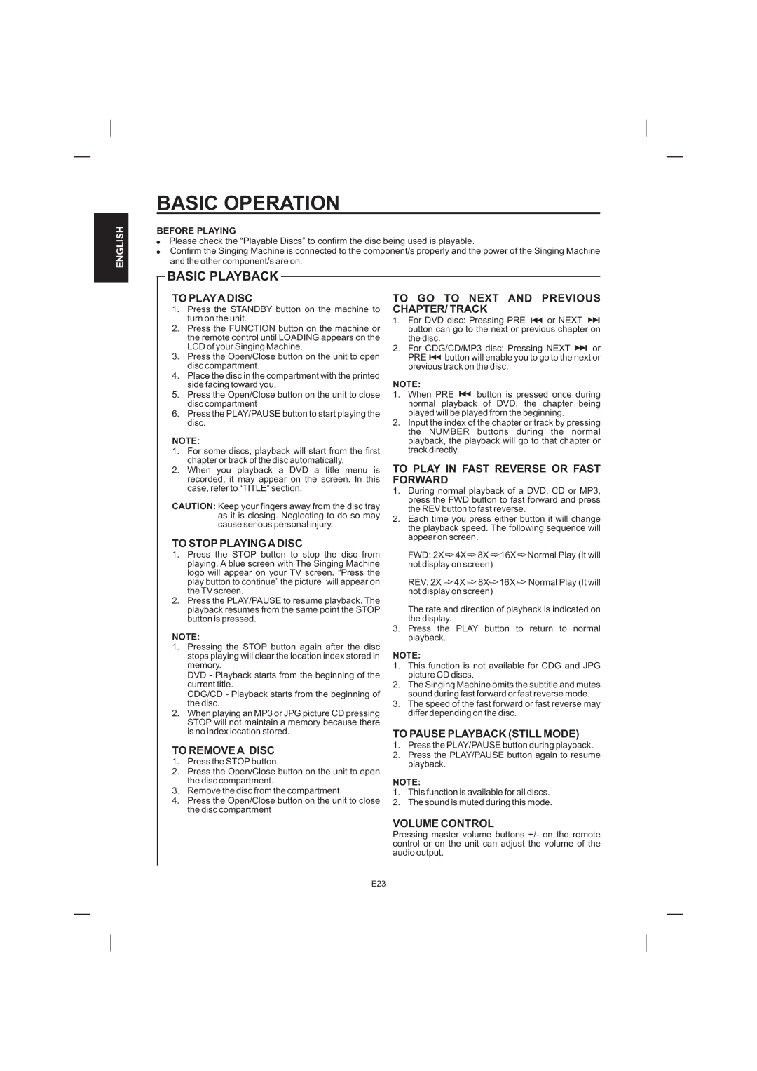 The Singing Machine STVD-1001 manual Basic Operation, Basic Playback 