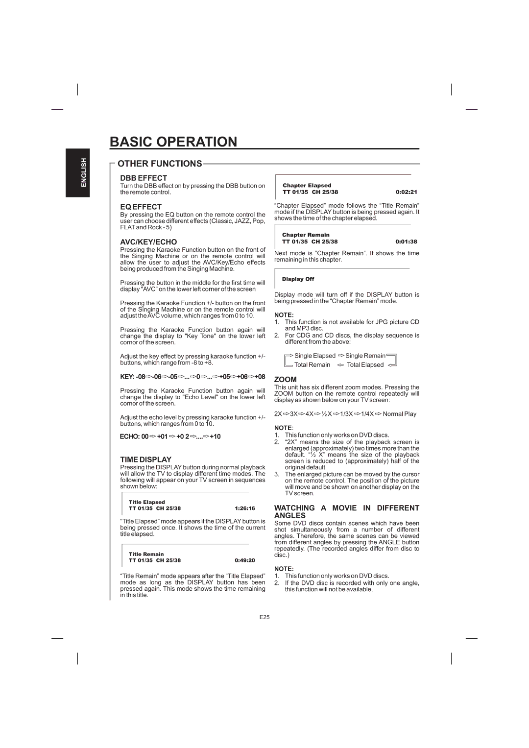 The Singing Machine STVD-1001 manual DBB Effect, EQ Effect, Avc/Key/Echo, Time Display, Zoom 